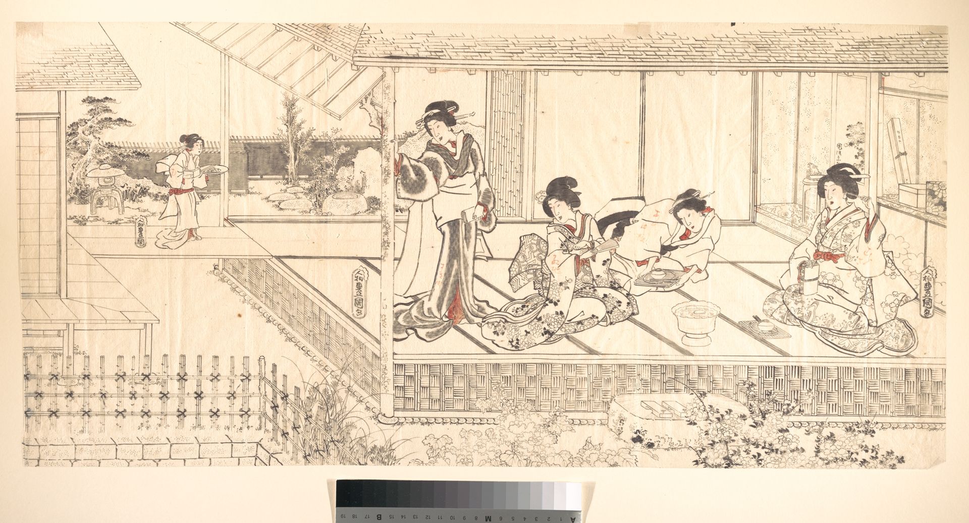 Two Court Ladies (Goten Jochu) and a Geisha at a Restaurant by Utagawa Kunisada