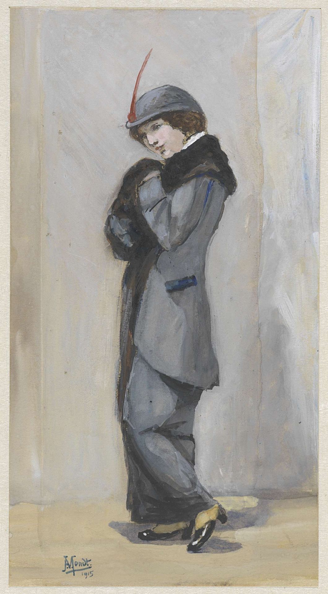 Staande dame in lange mantel met bont by Johannes Abraham Mondt