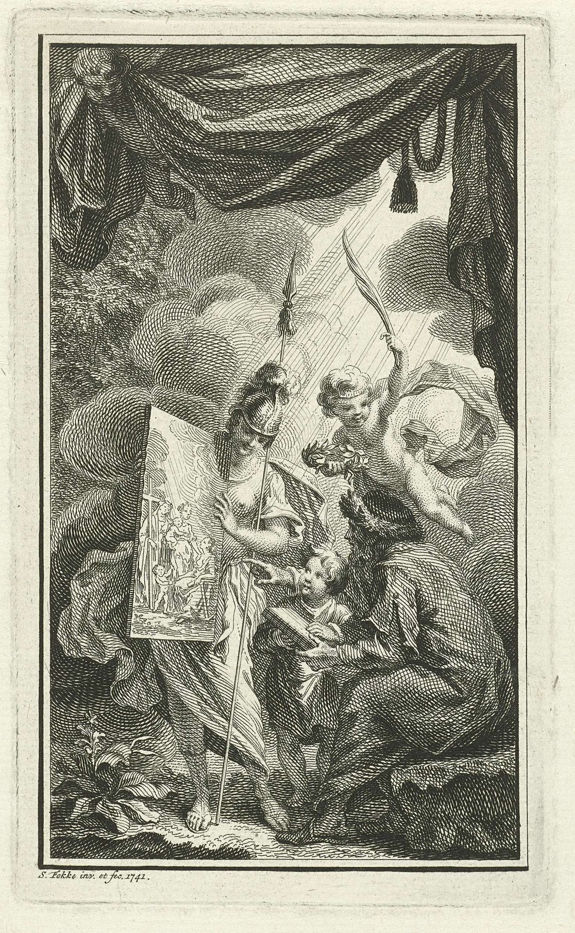 Minerva toont een schilderij van de Heilige Familie by Simon Fokke