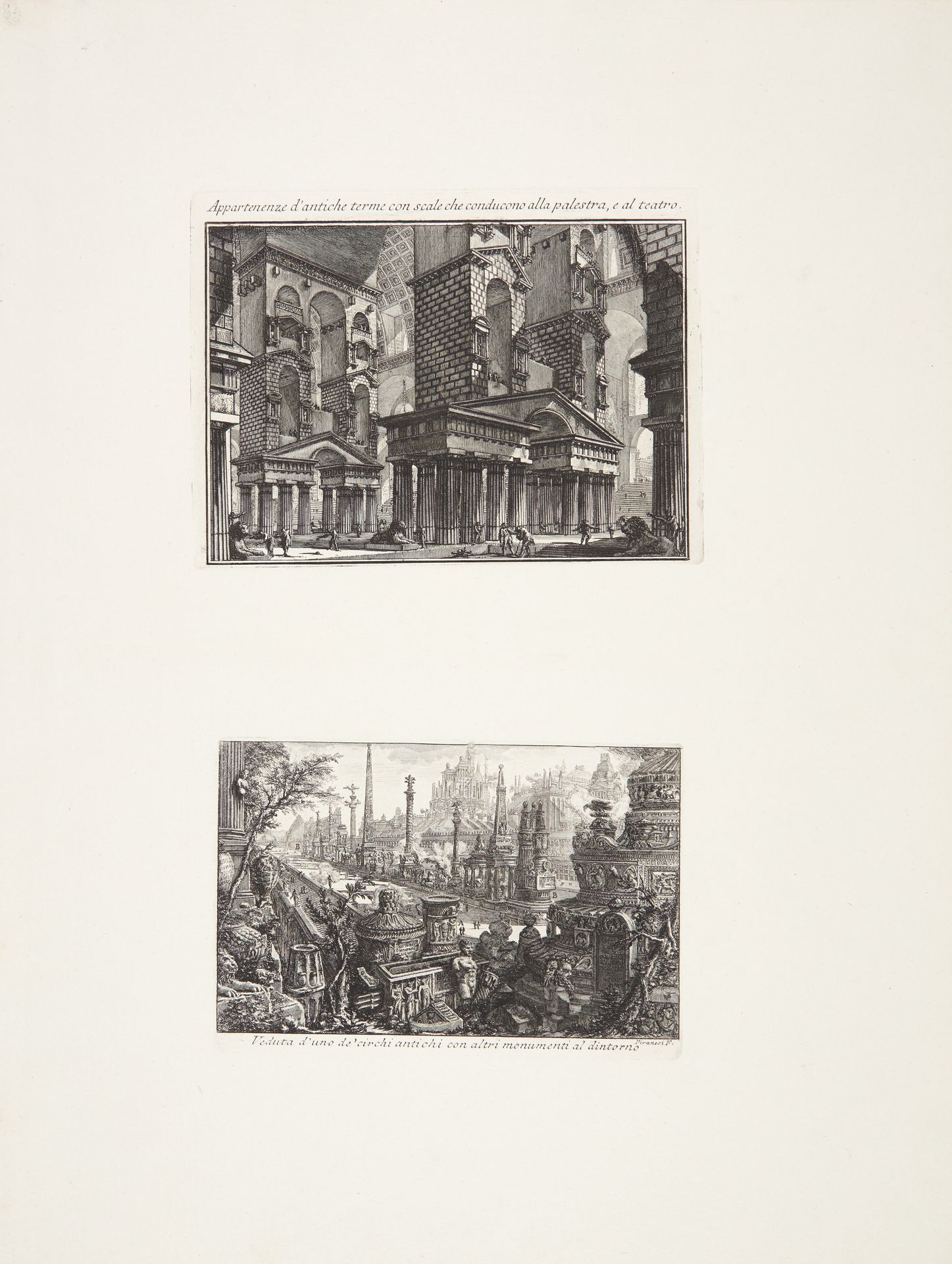 Ancient baths with stairs which lead to the gymnasium and the theatre / View of one of the ancient circuses surrounded by other monuments by Giovanni Battista Piranesi