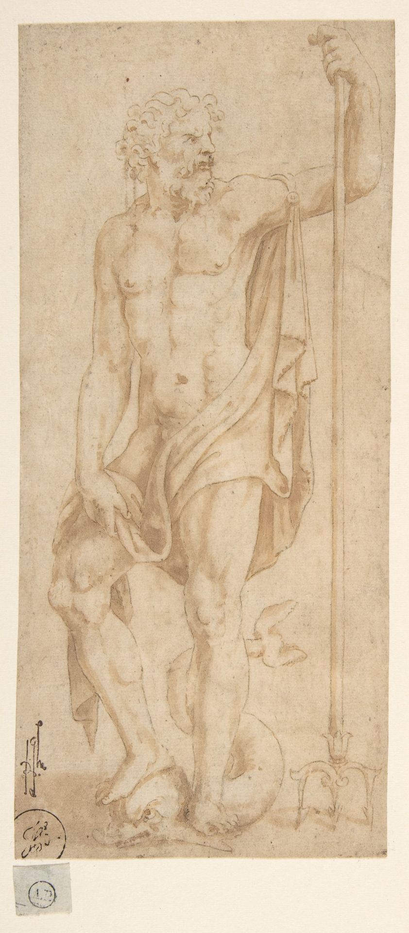 Neptune Holding a Trident and Standing on a Dolphin by Giulio Romano