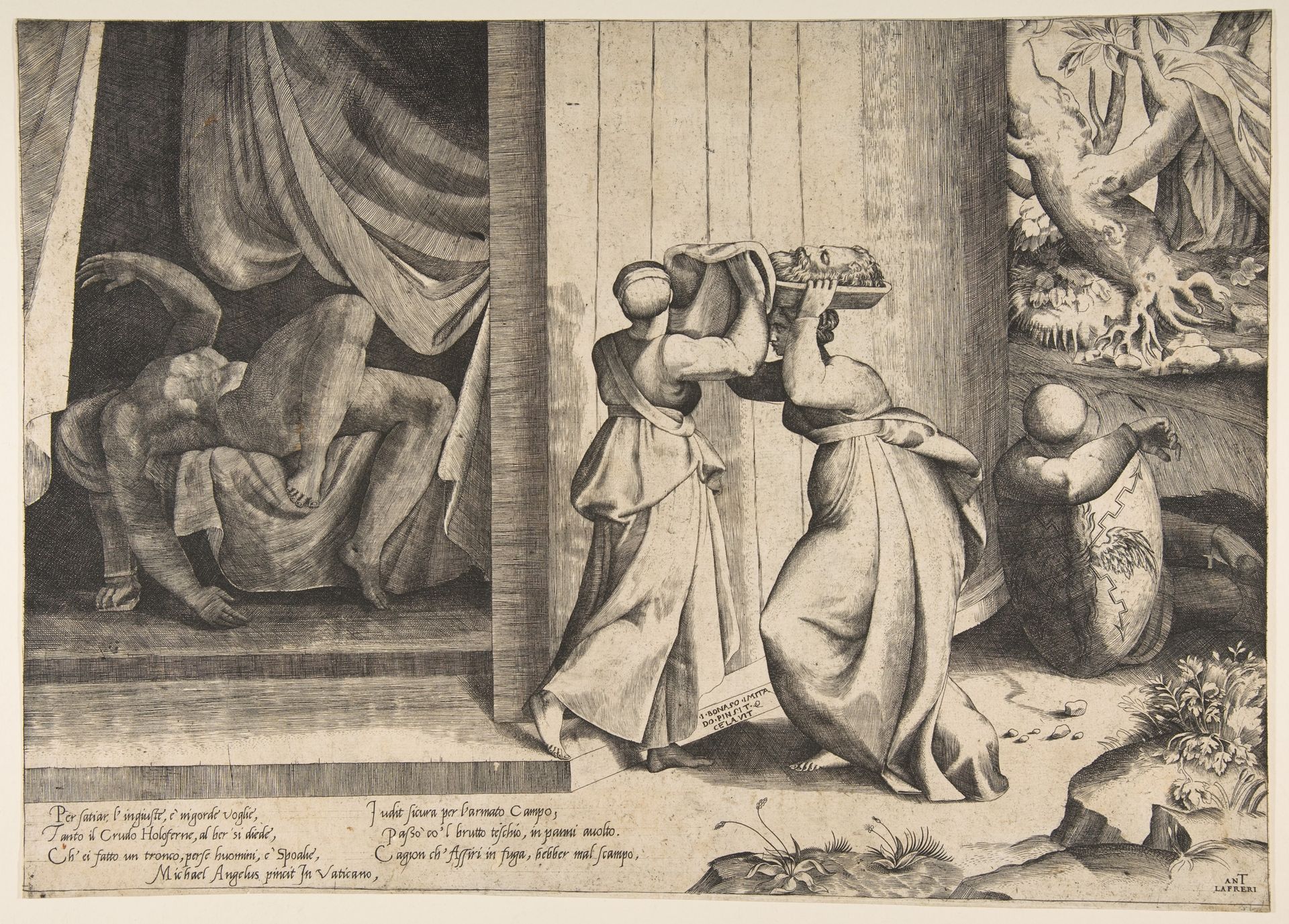 Judith passing the head of Holofernes to her maidservant, the decapitated Holofernes inside the tent at left by Giulio Bonasone