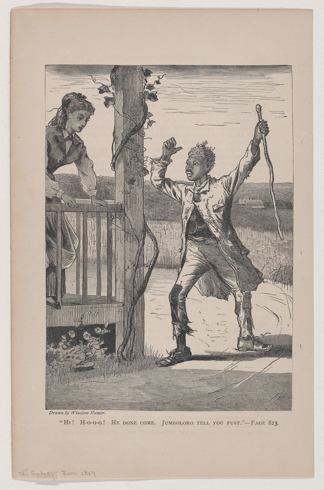 "Hi! Ho-o-o! He Done Come. Jumbolor Tell you Fust" (The Galaxy, An Illustrated Magazine of Entertaining Reading, Vol. VII) by Winslow Homer
