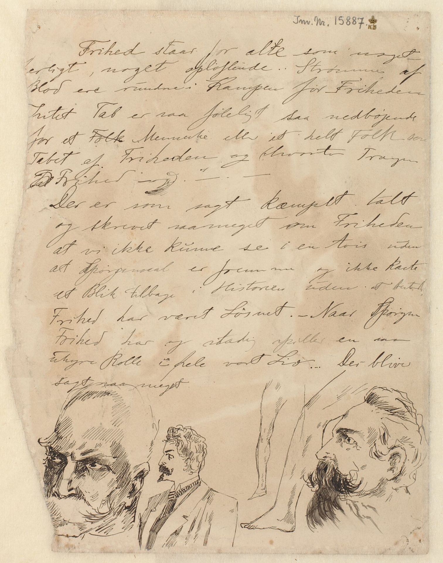 Tre hoveder i profil, ben og tekst by Johannes Holbek