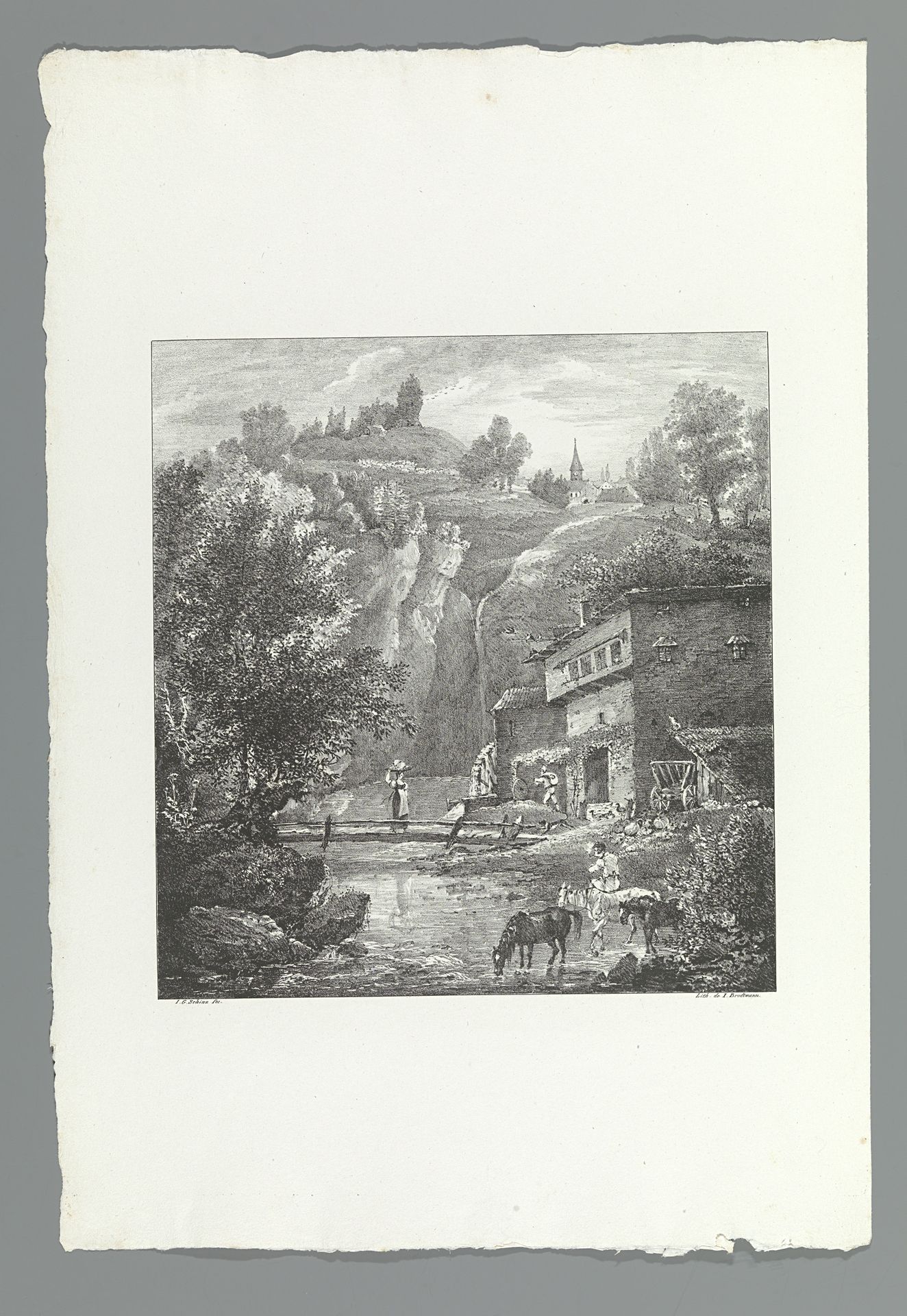 Figuren en paarden bij een huis aan een bergbeek by Johann Georg Schinz