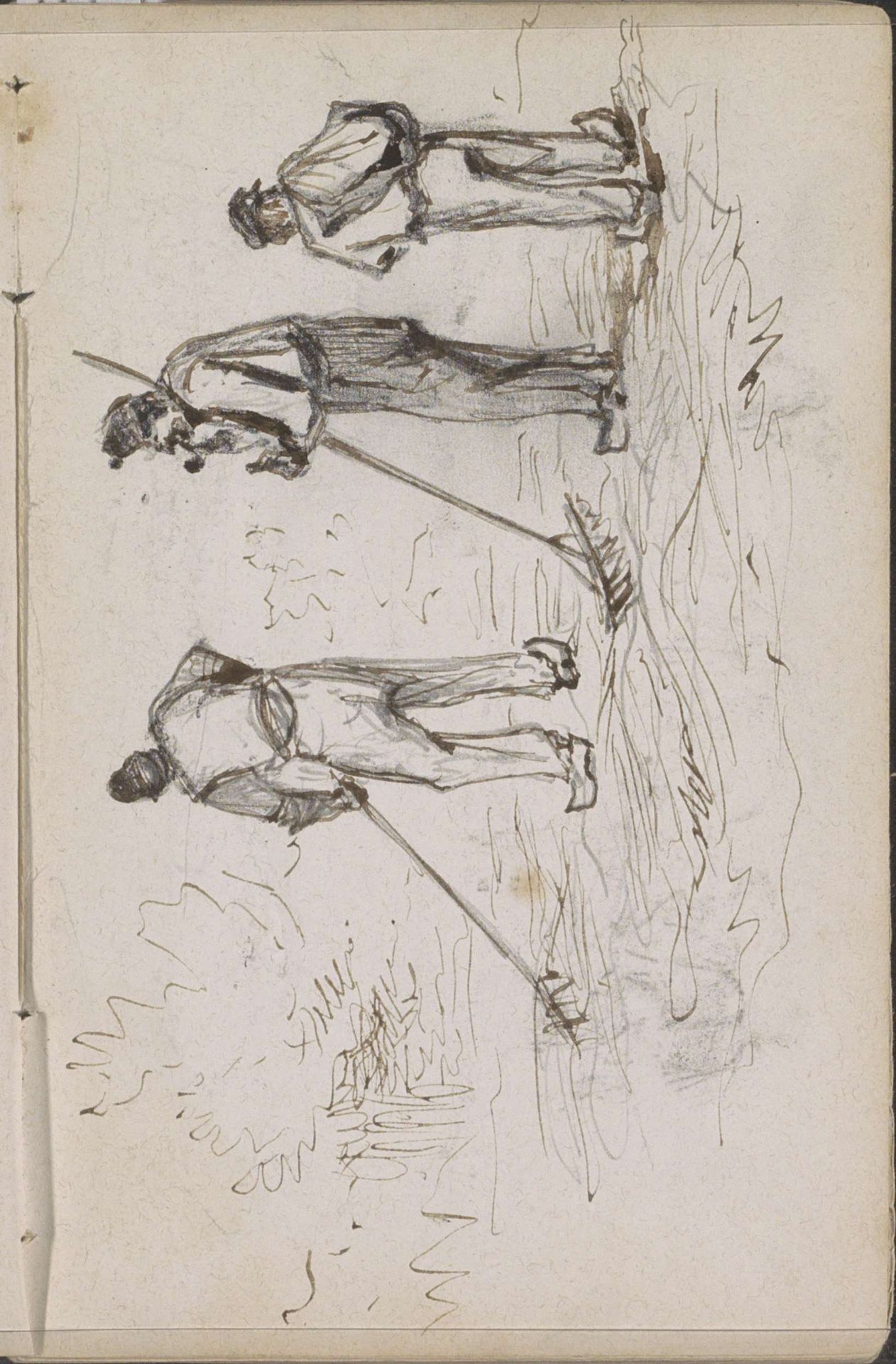 Arbeiders die met harken hooi wiersen by Johannes Tavenraat