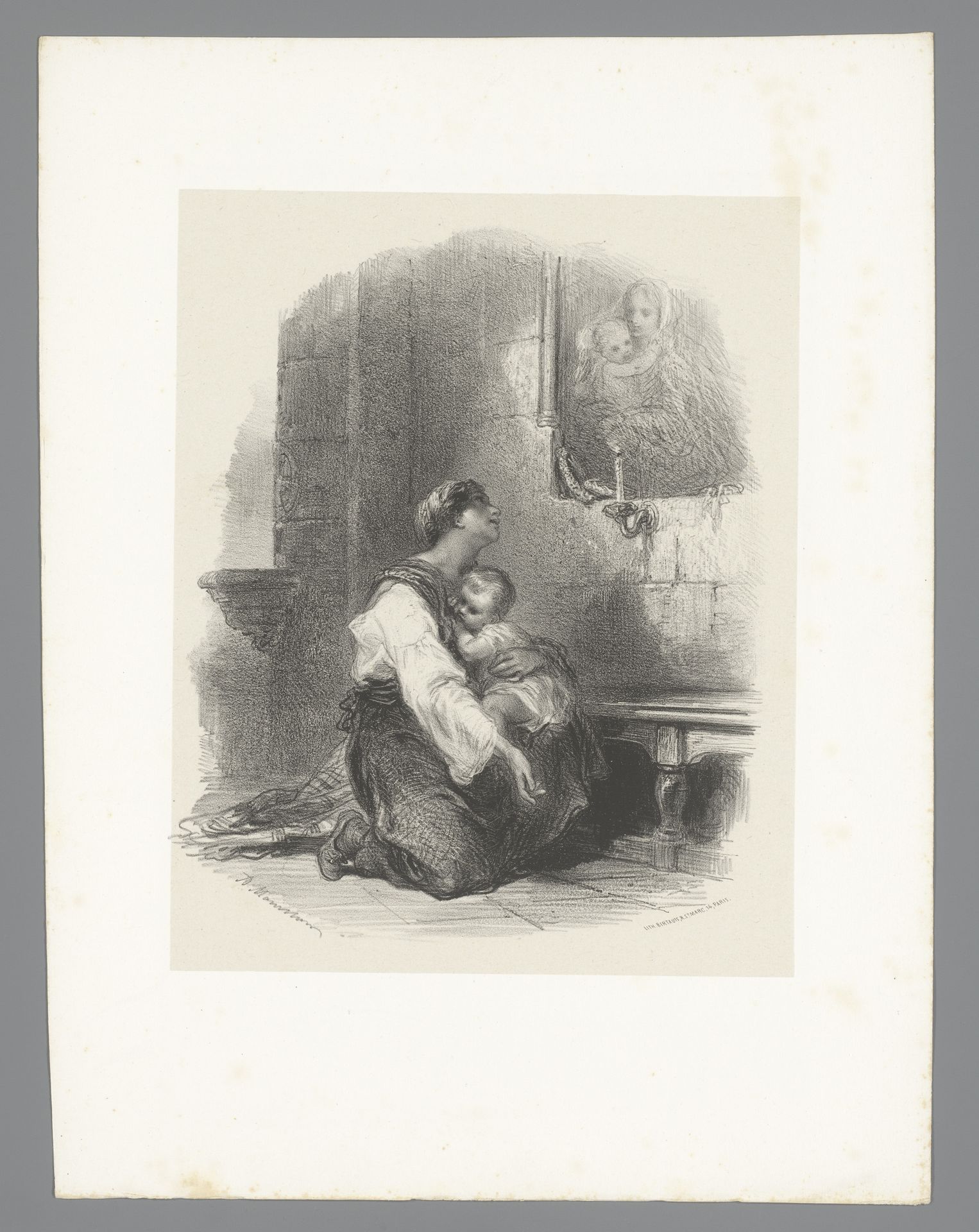 Vrouw met kind aanbidt in een kerk schilderij van Maria met kind by Adolphe Mouilleron