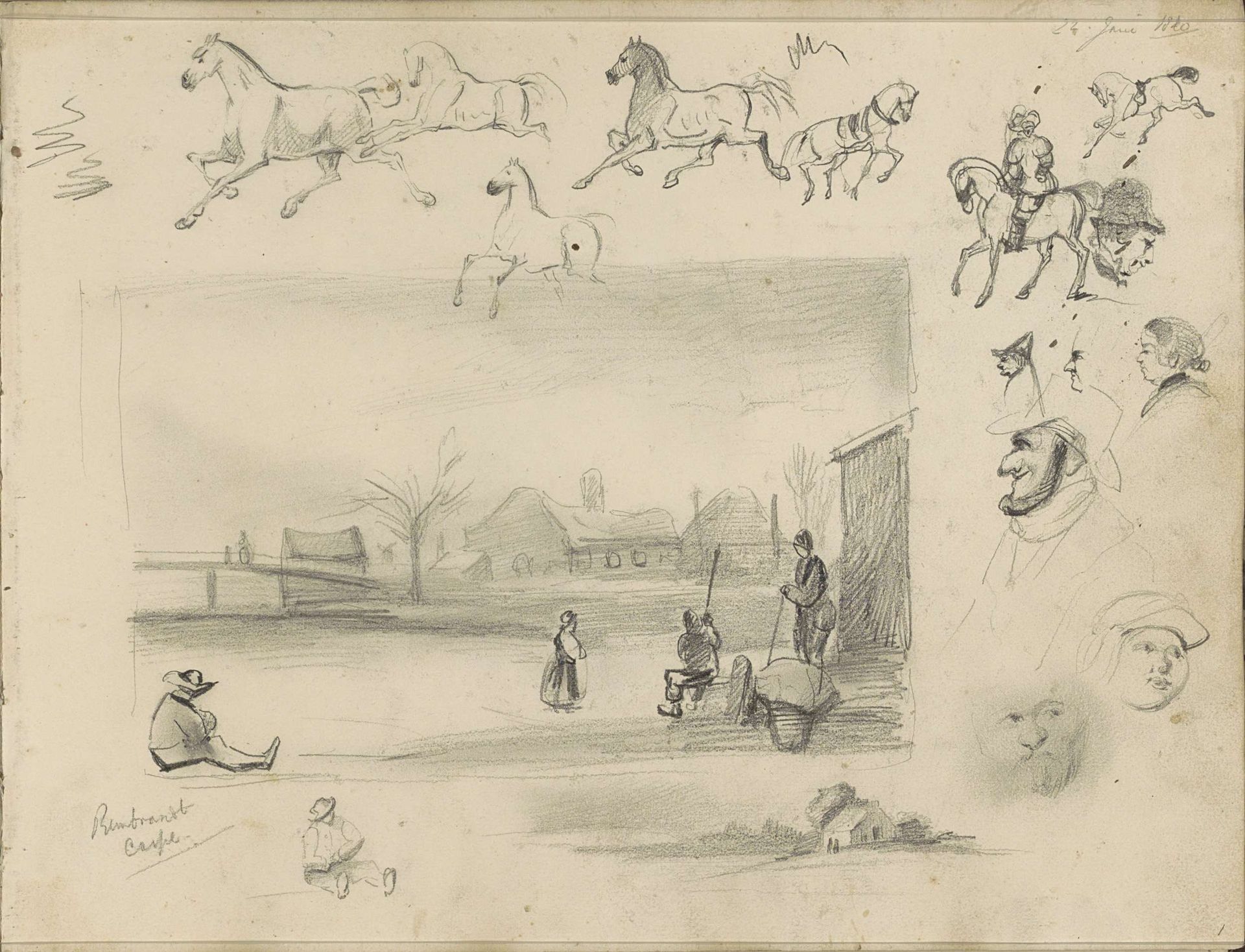 Paarden, karikaturale koppen en een winterlandschap naar Rembrandt by Johannes Tavenraat