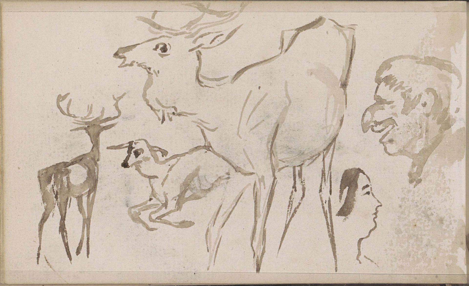 Herten en een mannen- en vrouwenkop by Johannes Tavenraat