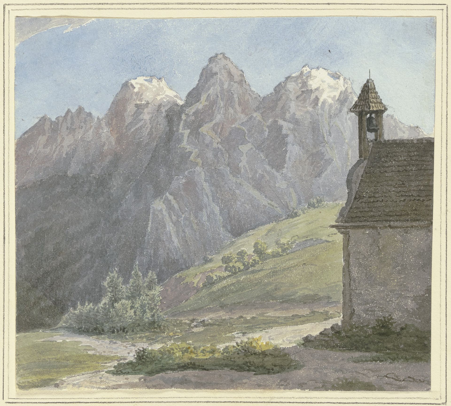 Berggipfel in den Alpen, vorne eine Kapelle by Rudolf Maria Bernhard von Stillfried-Alcantara