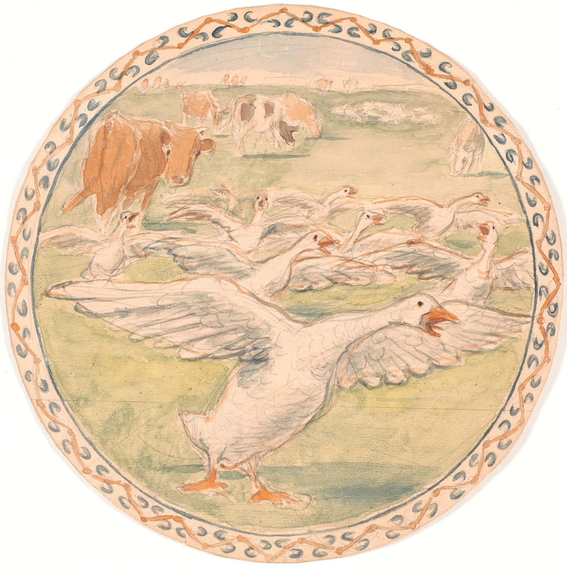 Græssende køer og skræppende gæs (udkast til keramisk fad) by Theodor Philipsen