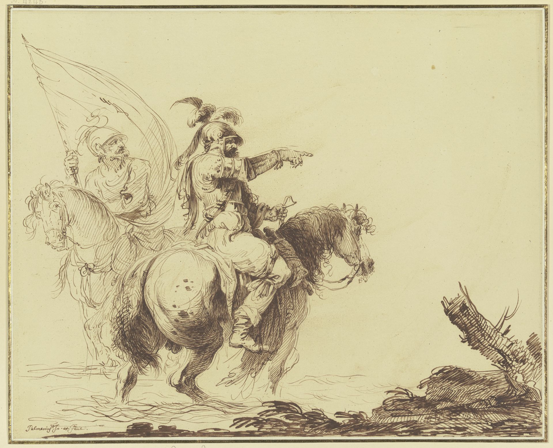 Zwei Reiter mit Helmen, der eine trägt eine Fahne by Pietro Palmieri the Elder