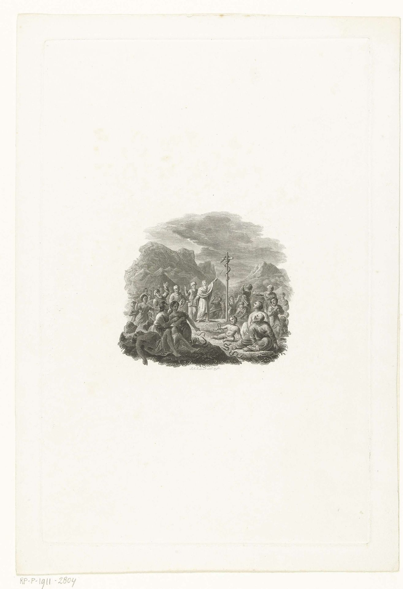 Israëlieten genezen van giftige slangebeten door naar bronzen slang van Mozes te kijken by Johannes Alexander Rudolf Best