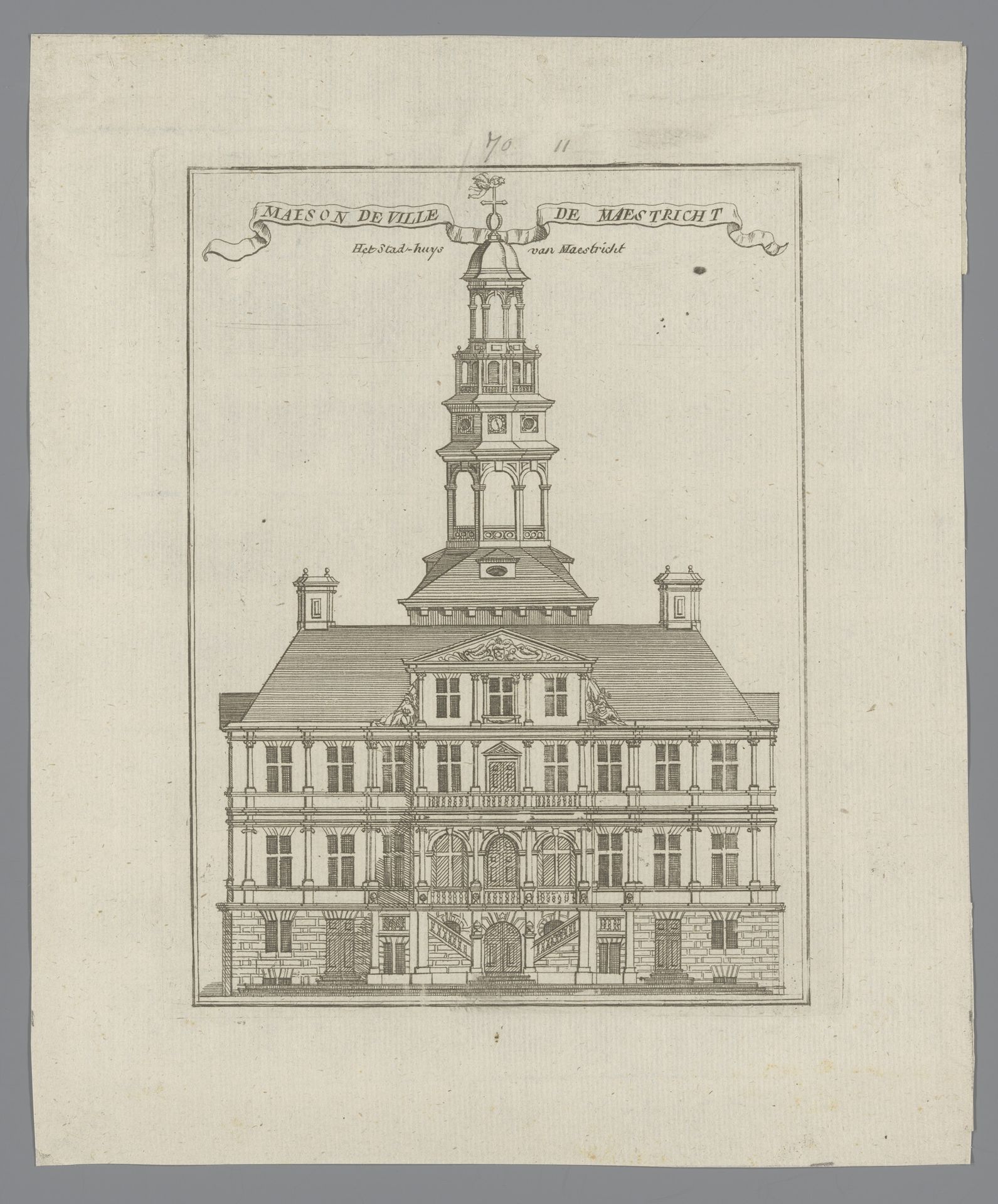 Gezicht op het Stadhuis te Maastricht by Jacobus Harrewijn