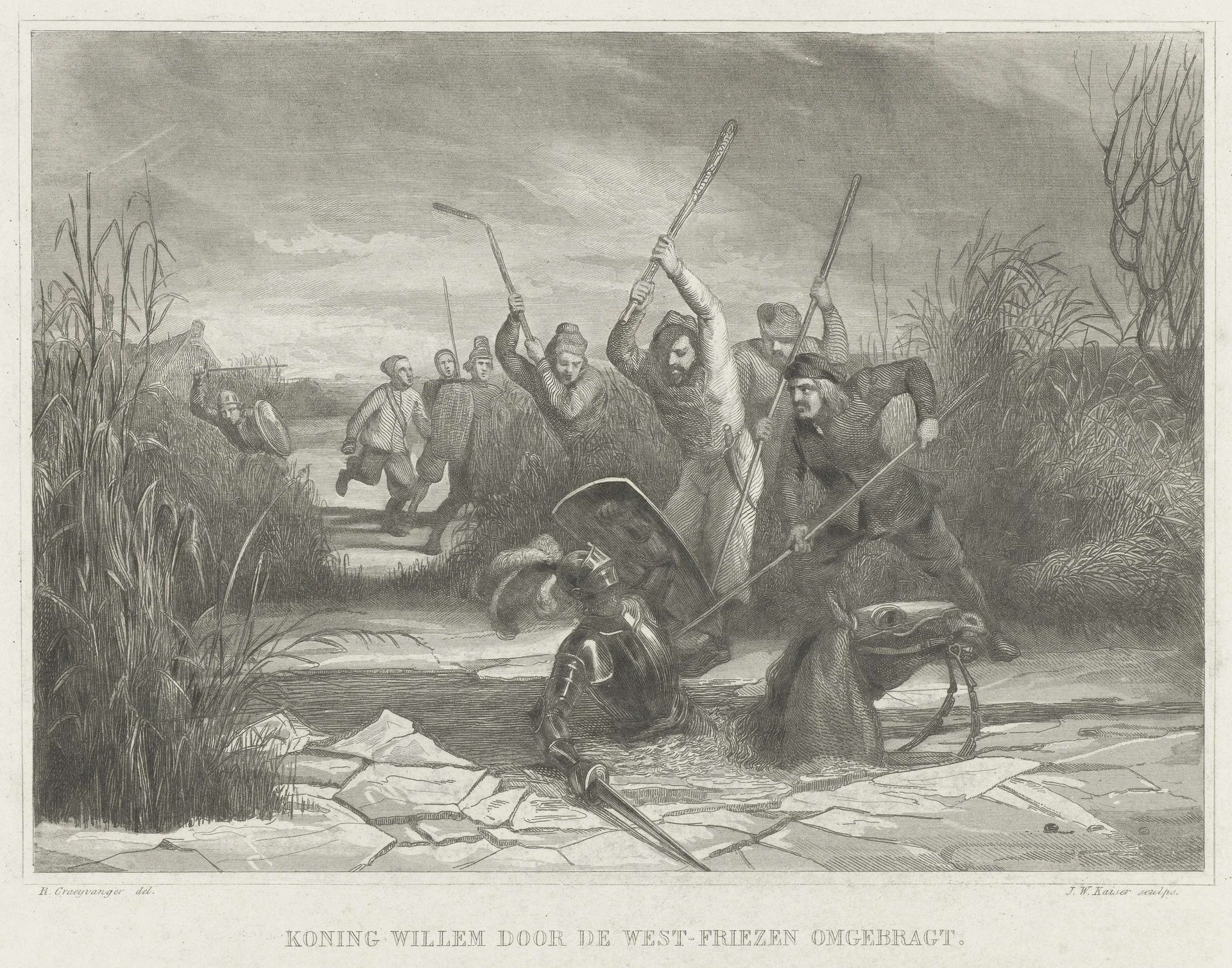 Graaf Willem II zakt bij Hoogwoud door het ijs, 1256 by Johann Wilhelm (I) Kaiser
