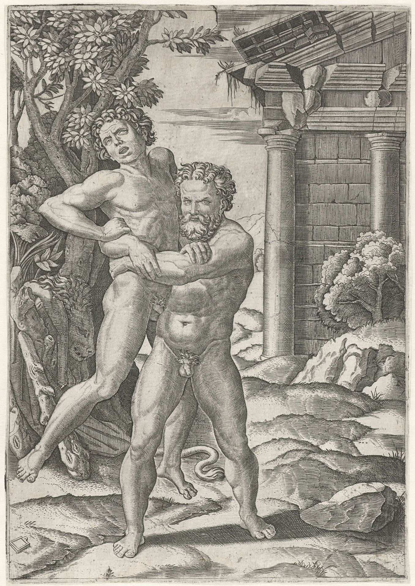 Hercules worstelt met Antaeus by Marcantonio Raimondi
