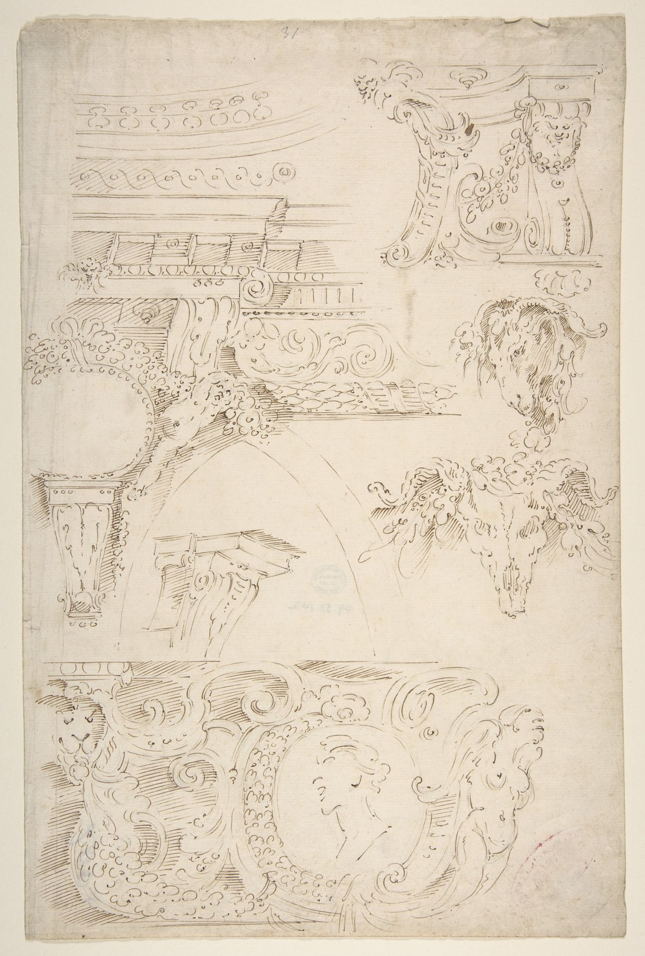 Sketches of Sculptured Decoration. Entablatures and a Frieze with Human, Animal and Floral Ornaments by Agostino (Stanzani) Mitelli