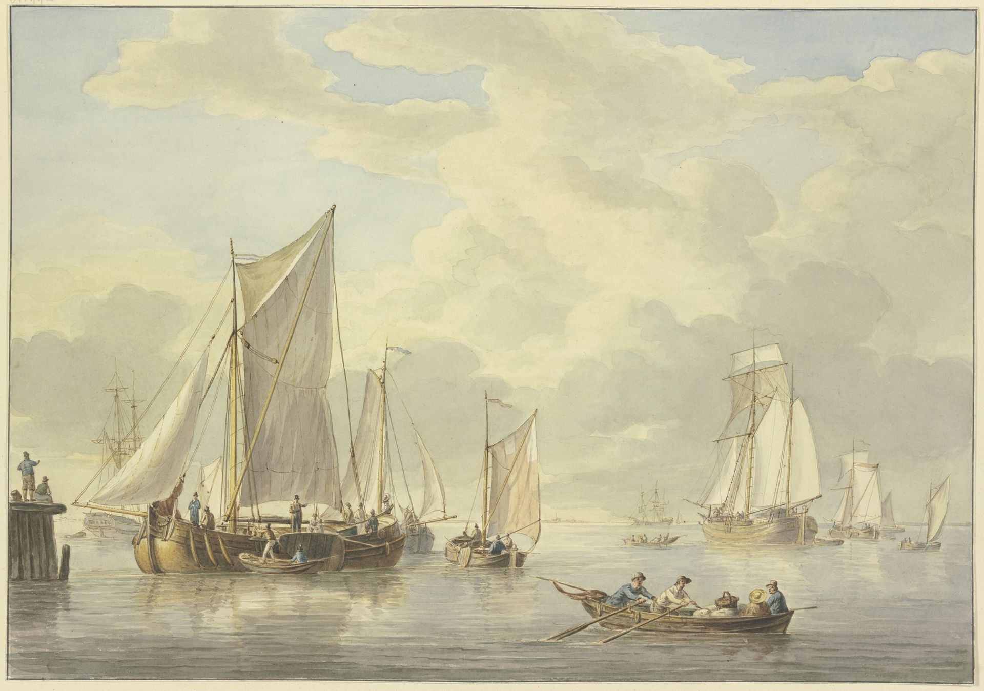Ruhige See mit vielen Schiffen, vorne ein Boot mit drei Ruderern und einer Frau by Martinus Schouman