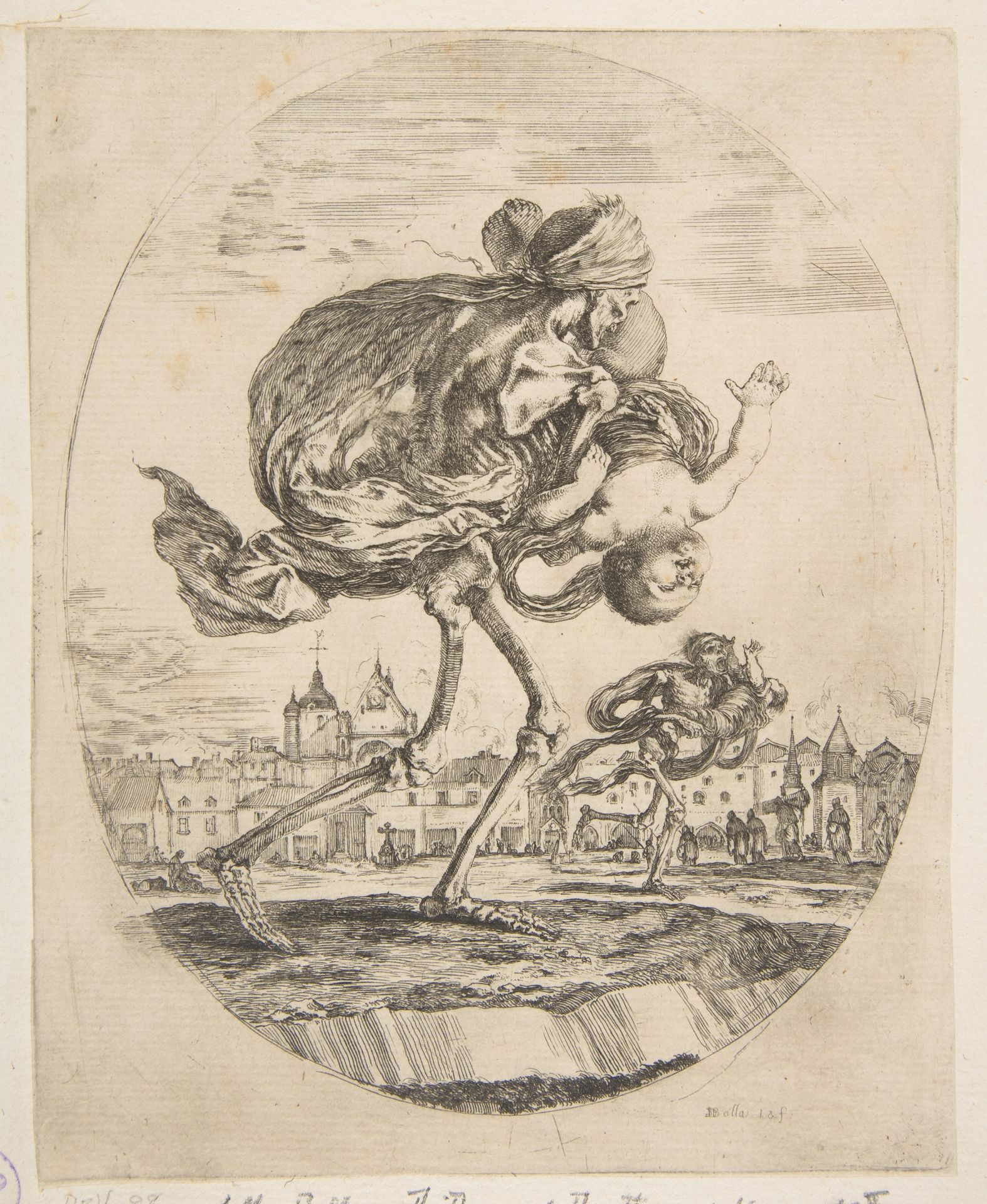 Death carrying an infant, from "The five deaths" (Les cinq Morts) by Stefano della Bella
