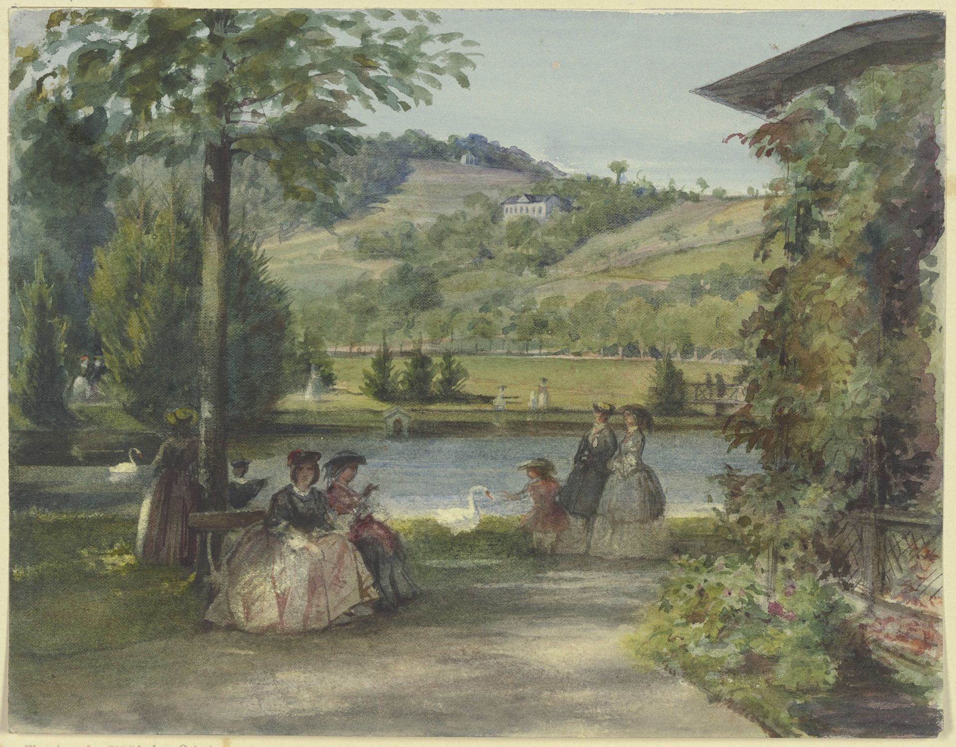 Parklandschaft mit Teich und Schwänen by Karl von Müller