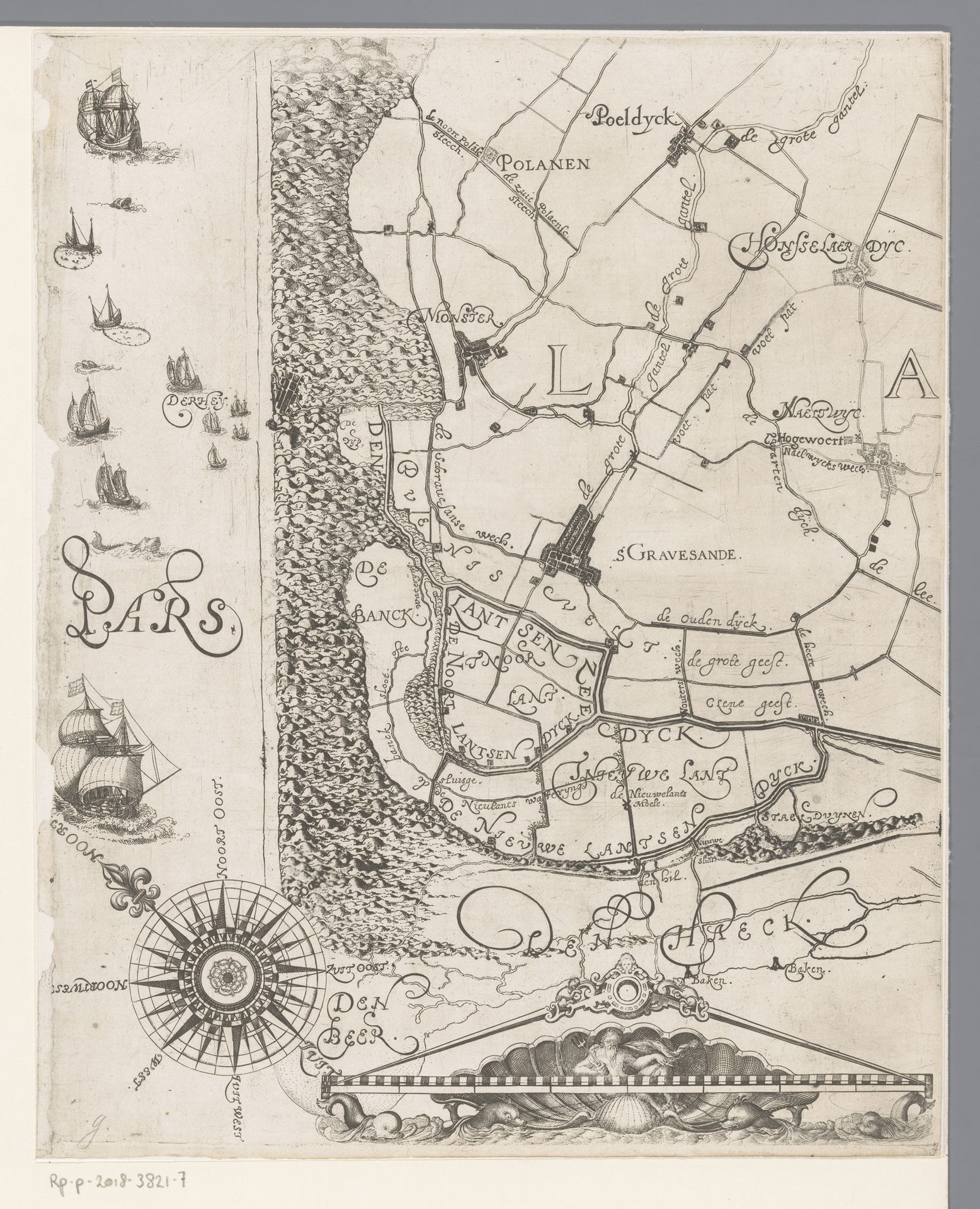 Kaart van het Hoogheemraadschap van Delfland, met 's-Gravenzande en omgeving, deel linksonder by Floris Balthasarsz van Berckenrode