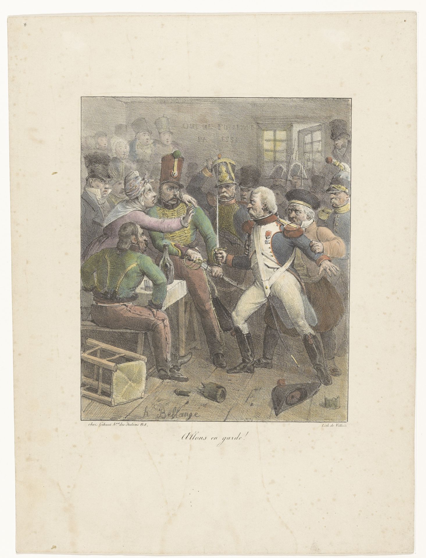 Twee soldaten kruisen de degens in een kroeg by Hippolyte Bellangé