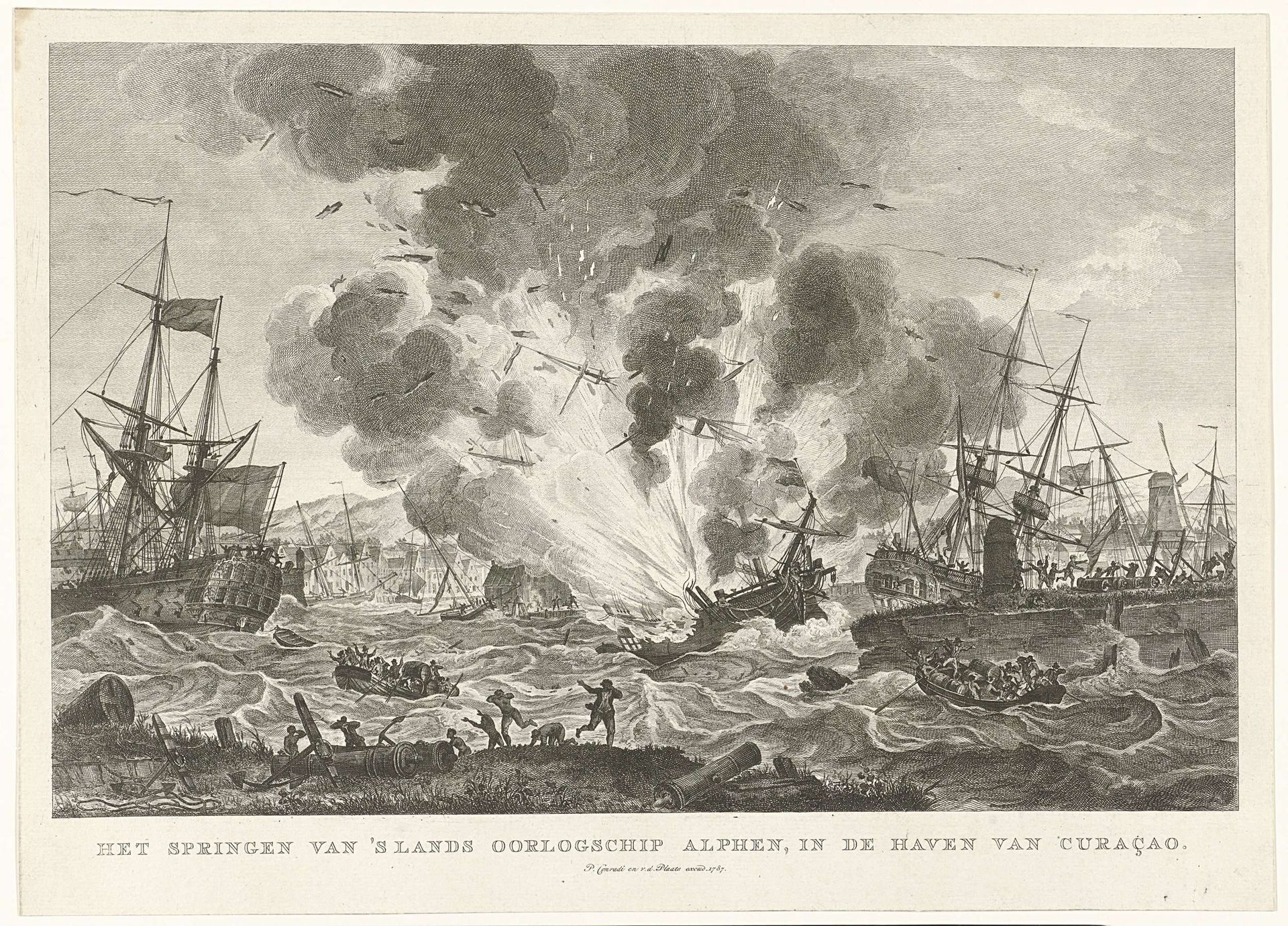 Ontploffen van het oorlogsschip Alphen in de haven van Curaçao, 1778 by Jan Punt
