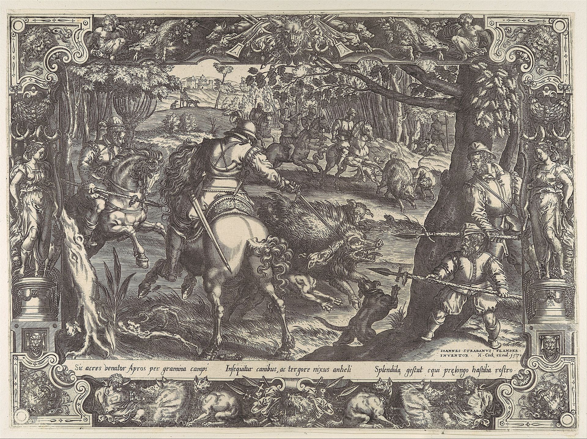 Wild Boar Hunt with Spears, from Hunting Scenes in Ornamental Frames by Jan van der Straet, called Stradanus