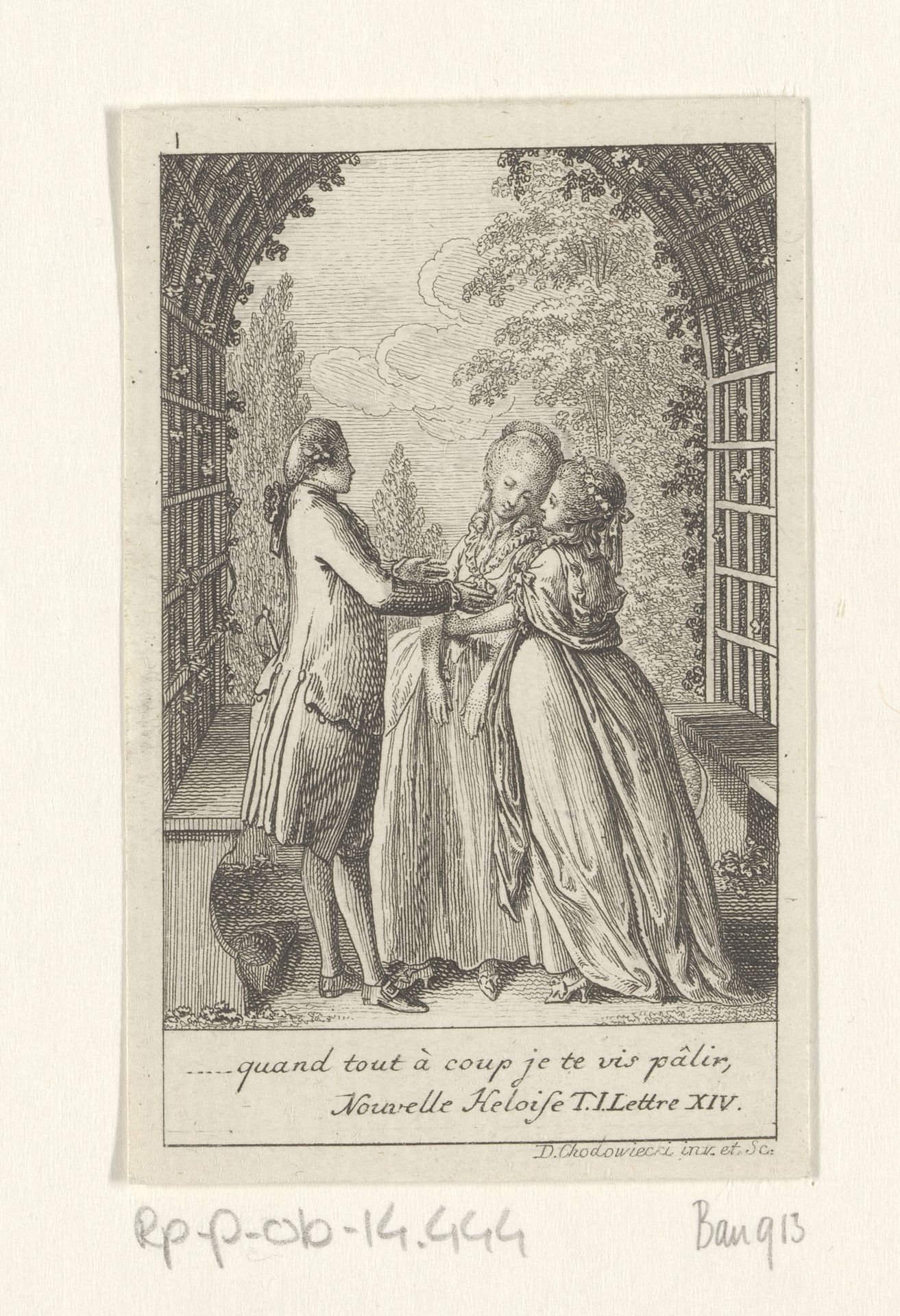 Clara leidt Julie in de armen van haar geliefde St. Preux by Daniel Nikolaus Chodowiecki