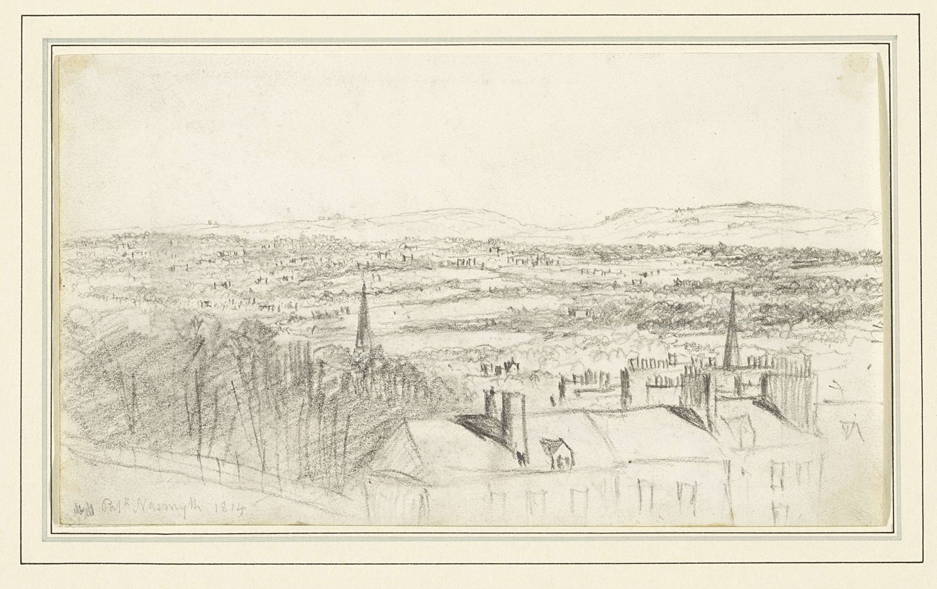 Gezicht over huizen in een hoog landschap by Patrick Smythe
