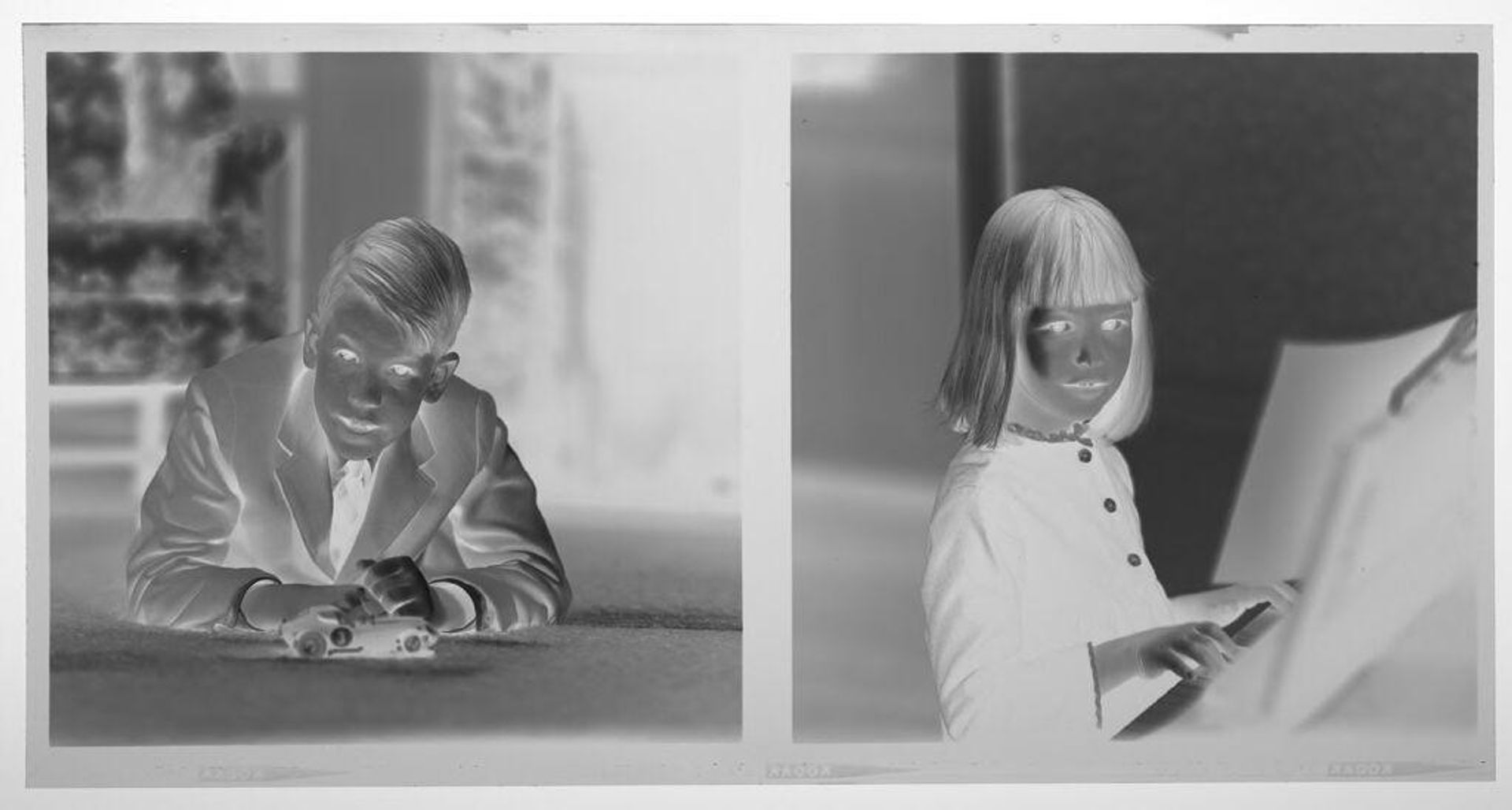 Untitled (medium format images of boy and girl posed at piano or with toy car) by Martin Schweig
