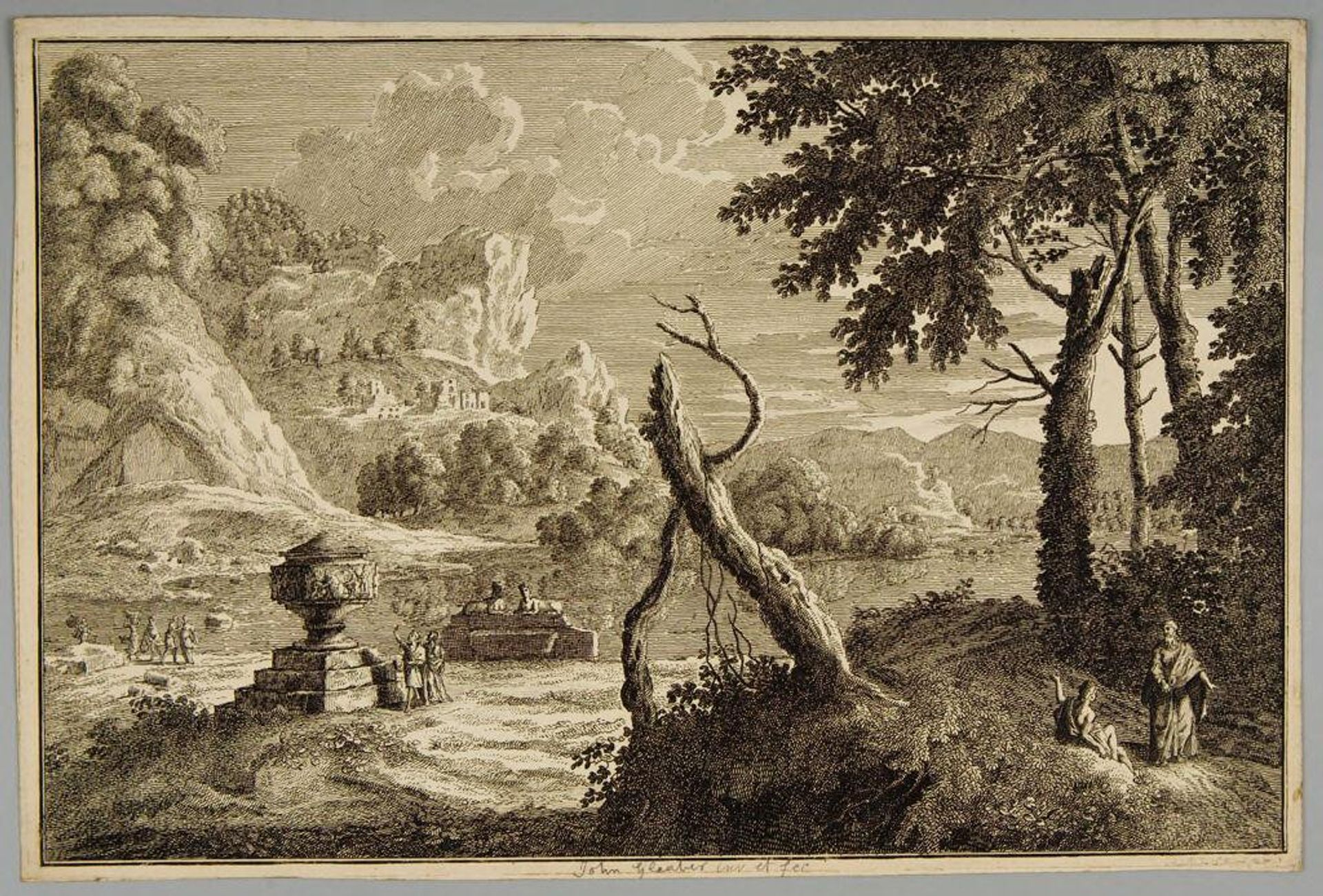 Classical Landscape with Two Sculptured Monuments, with Bas Reliefs and Sphinxes by a River by Attributed to Jan Glauber