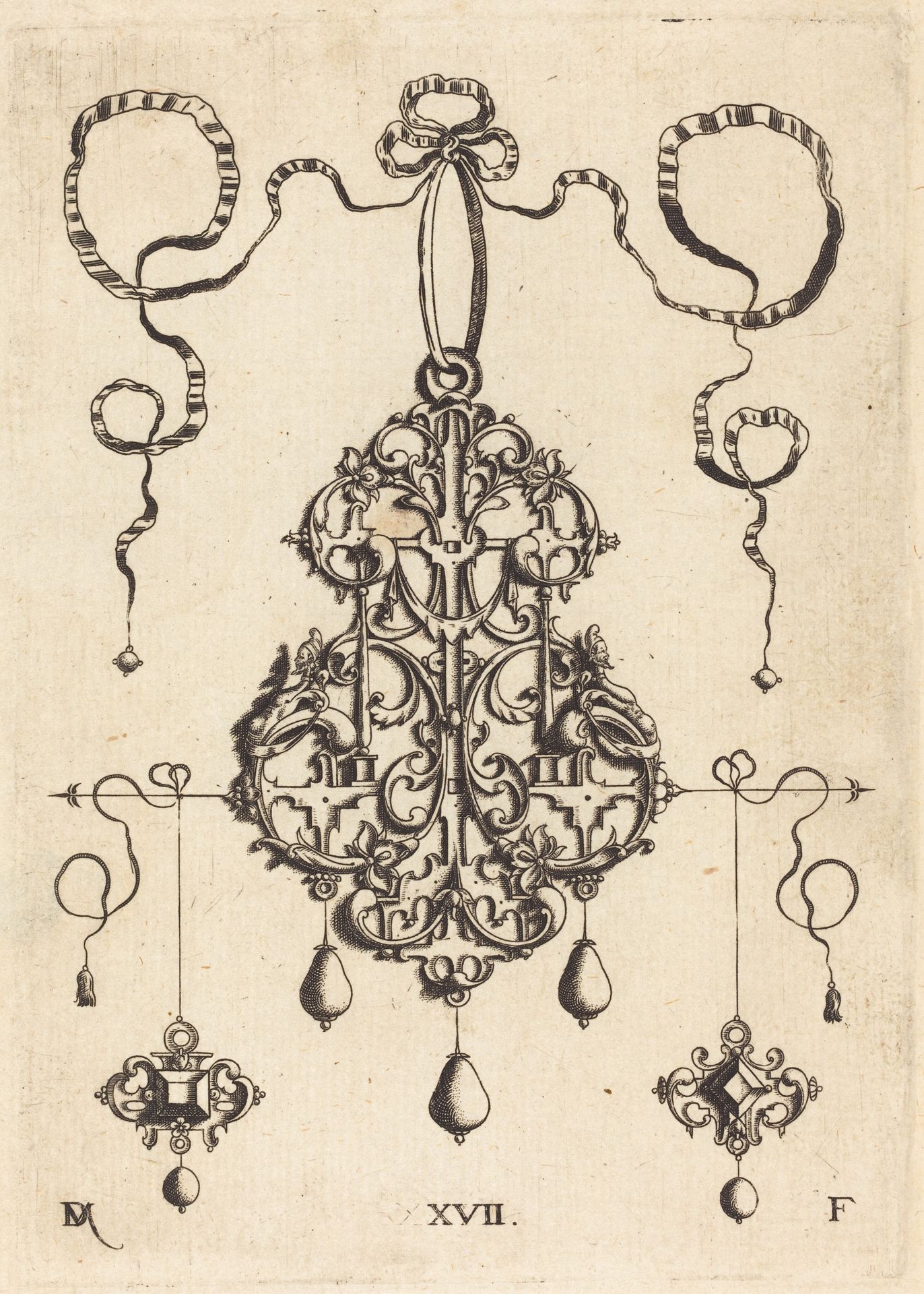 Strapwork Pendant with Two Square Tablestonesas Earrings at Left and Right by Daniel Mignot