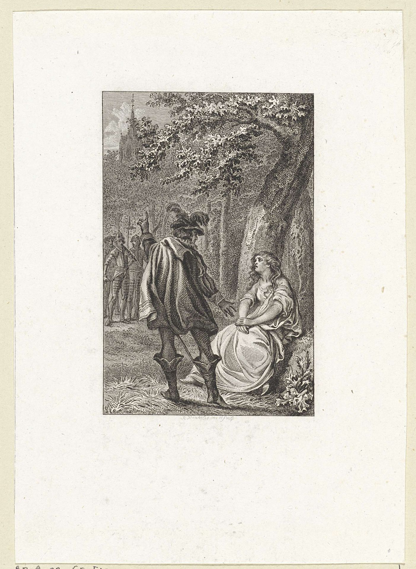 Man wijst naar een kerktoren tijdens een gesprek met een vrouw in het bos by Reinier Vinkeles