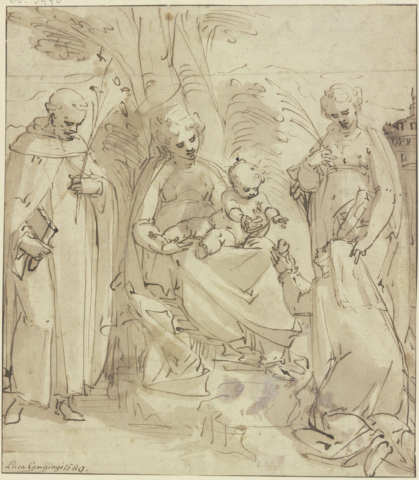Madonna unter einem Baum zwischen zwei Heiligen, eine kniende Nonne hält dem Jesuskind ein Herz entgegen (Sacra conversazione) by Luca Cambiaso