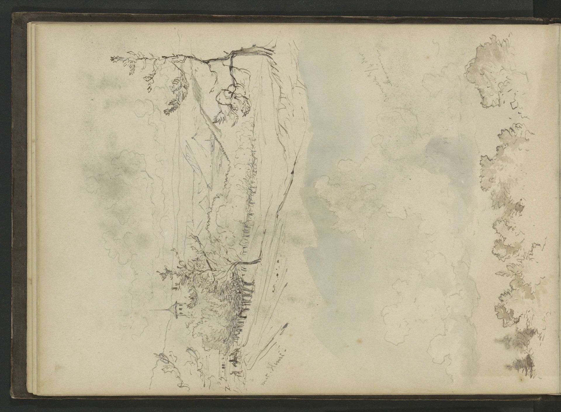 Berglandschap met figuren op een landweg en een wolkenlucht boven boomtoppen by Johannes Tavenraat
