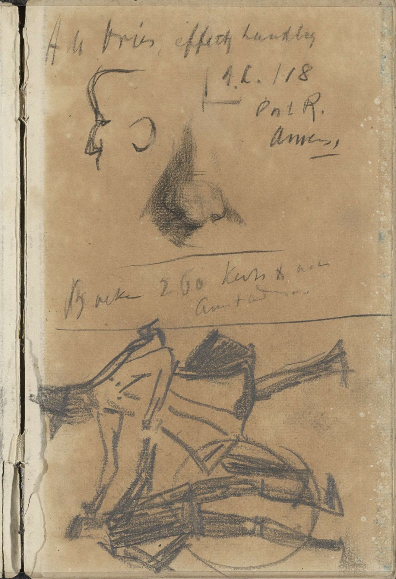 Studieblad met een gezicht, een neus en twee staande figuren by George Hendrik Breitner