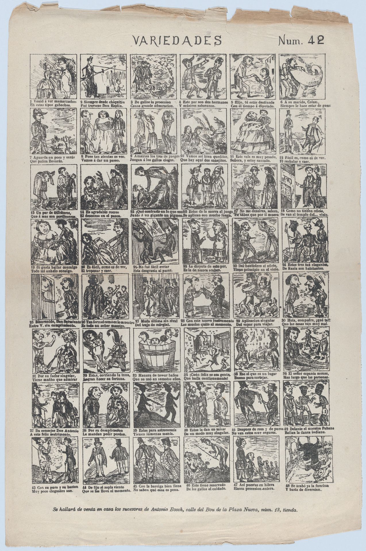 Broadside with 48 scenes of different subjects by Antonio Bosch
