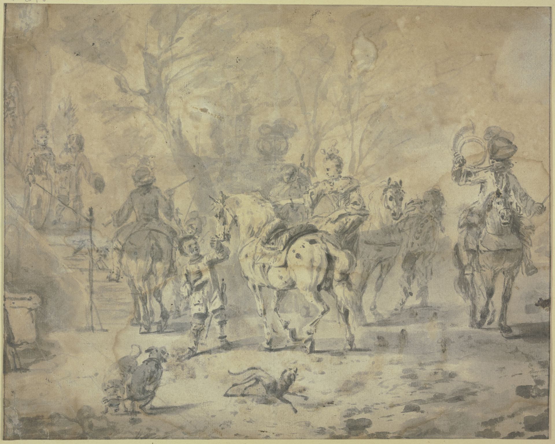 Jagdgesellschaft an den Stufen zu einem Schloss by Pieter Wouwerman