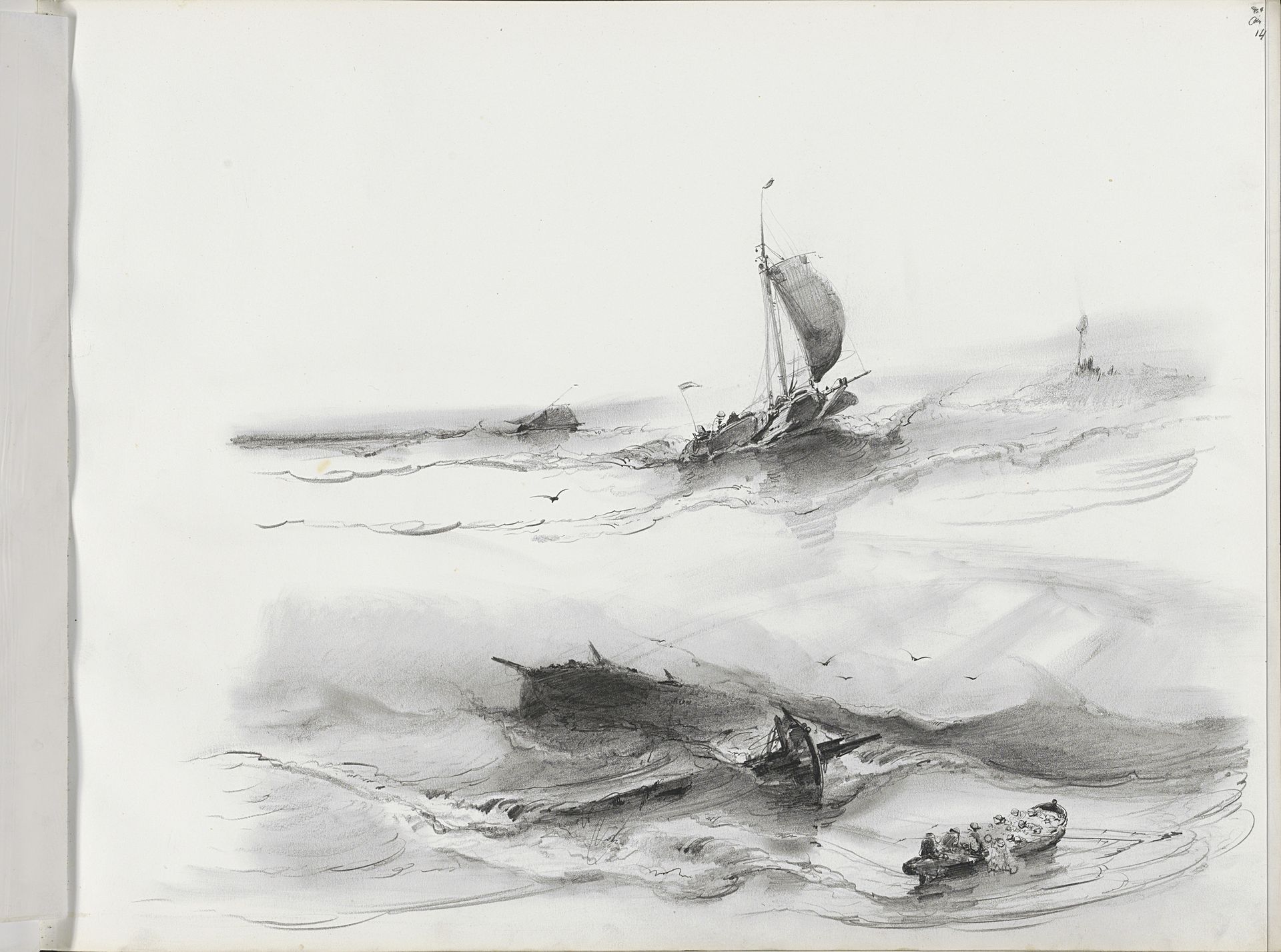 Reddingssloep met figuren bij een scheepswrak by Albertus van Beest