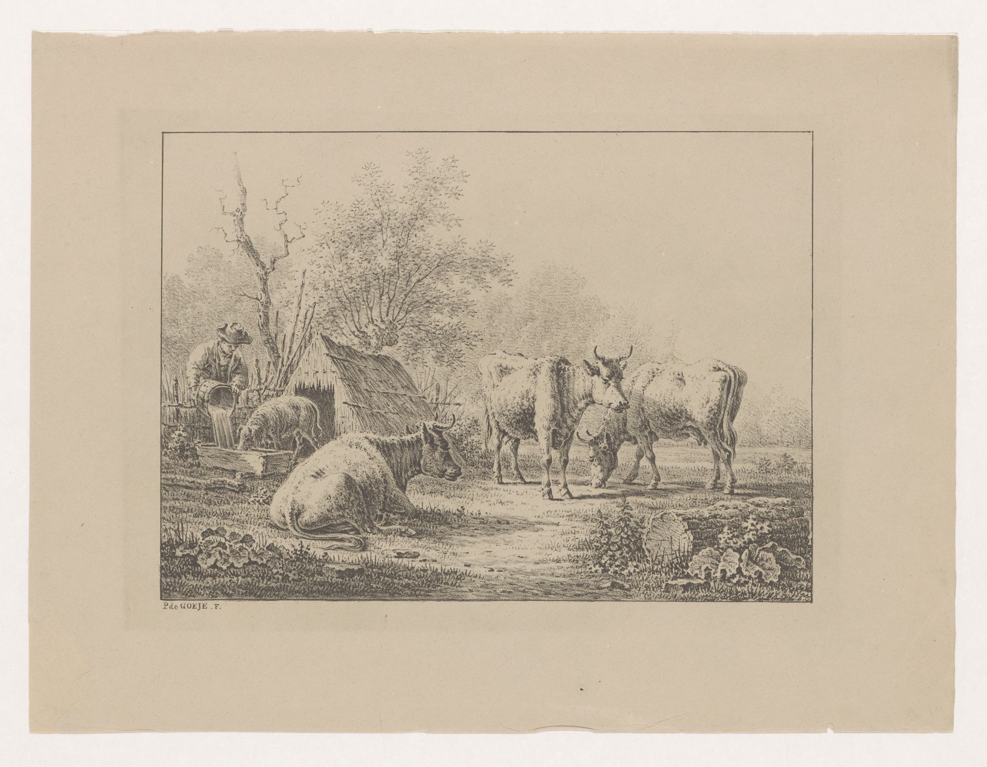 Koeien en een schaap bij een hut by Pieter de Goeje
