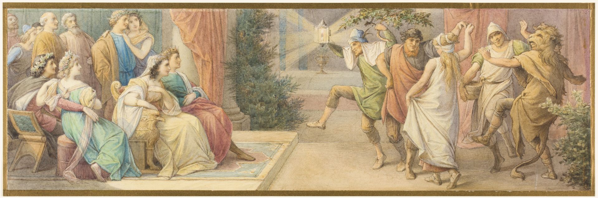 Das Herrscherpaar Theseus und Hippolyta, die Brautpaare Demetrius und Helena sowie Lysander und Hermia verfolgen das von den Handwerkern dargebotene Schauspiel by Leopold von Bode