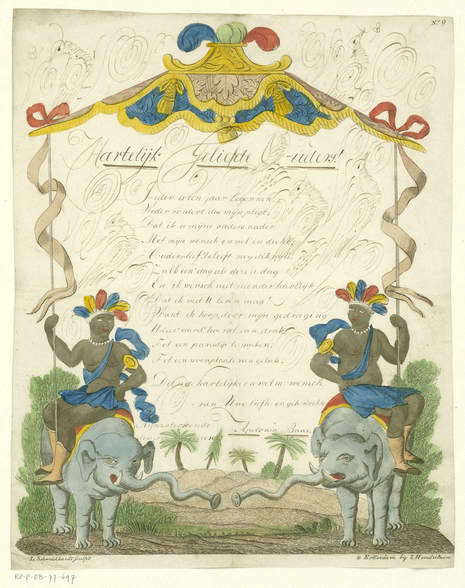 Wensbrief met zwarte mannen op olifanten by Leonardus Schweickhardt