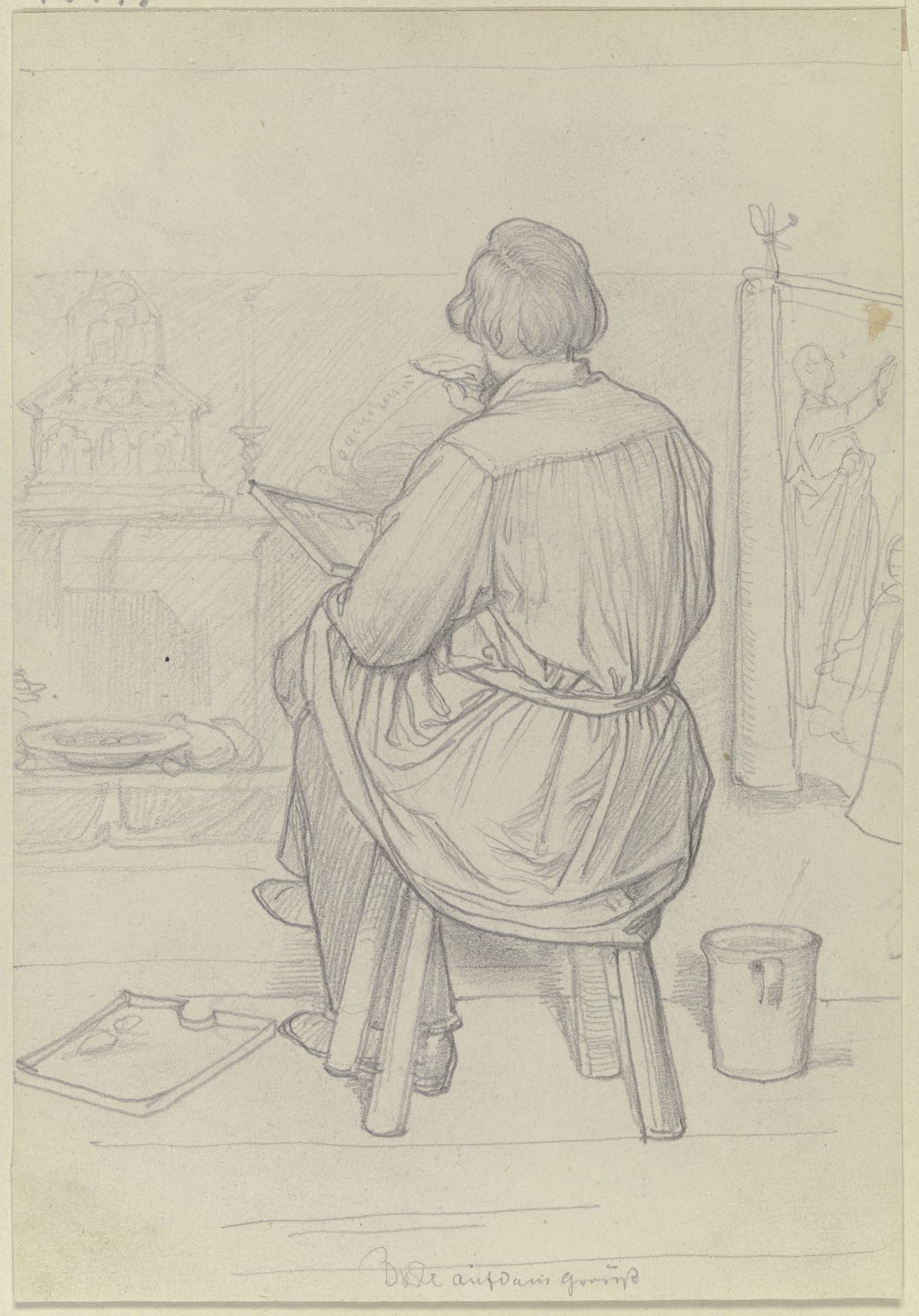 Der Maler Leopold Bode als Rückenfigur sitzend bei der Arbeit by Wilhelm Amandus Beer