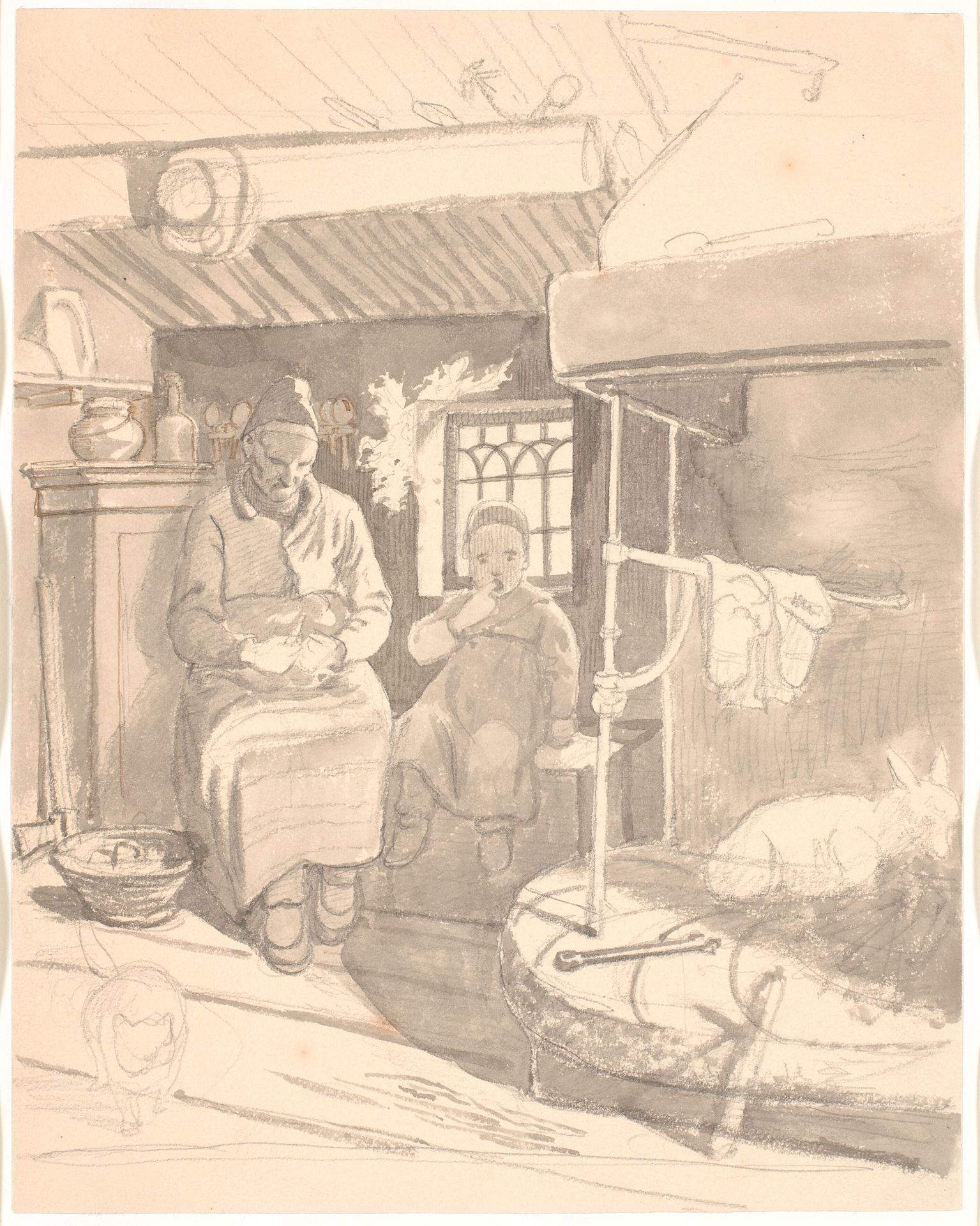 Svensk bondestue med gammel kone og barn by Wilhelm Marstrand