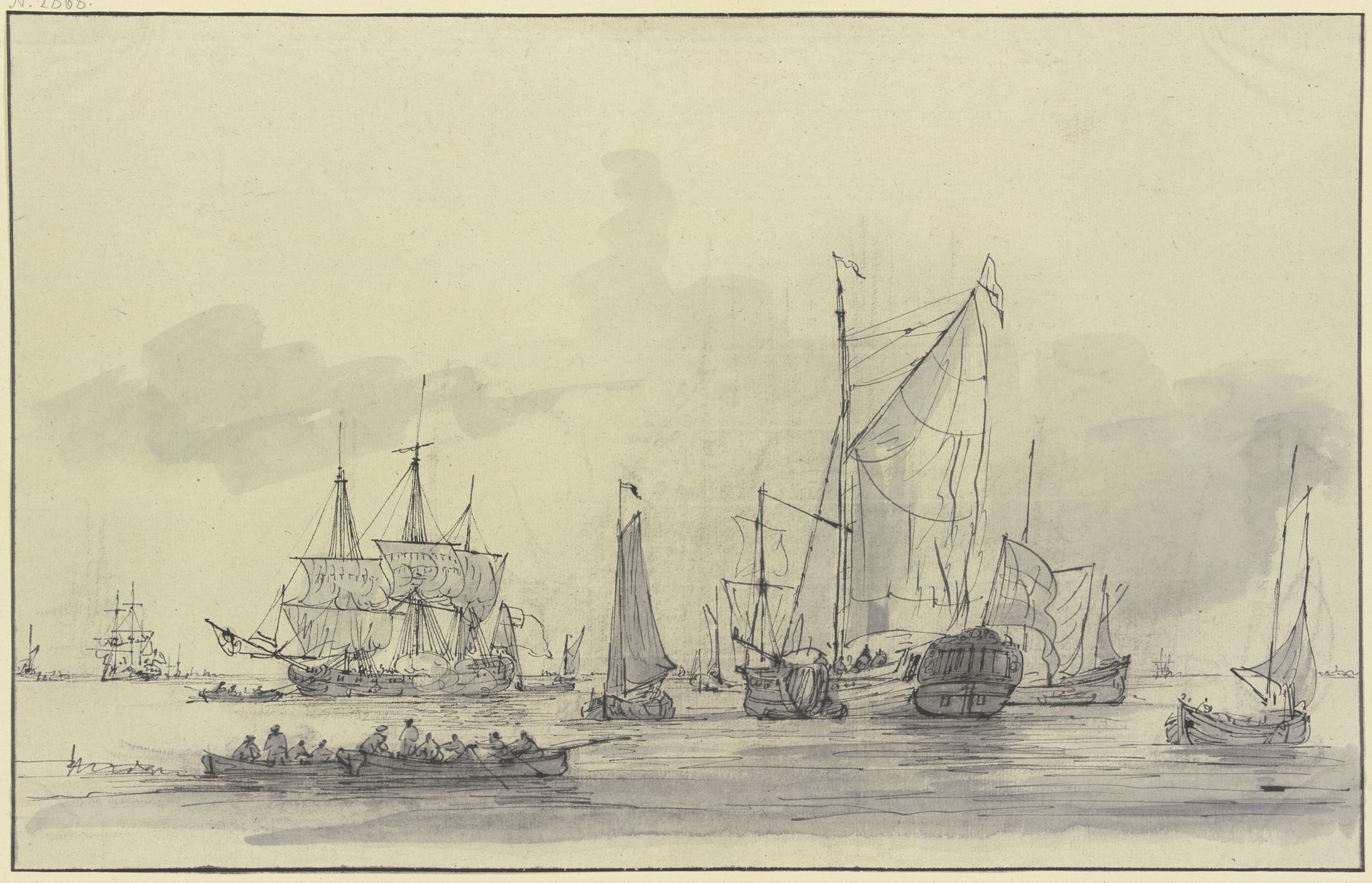 Viele Schiffe bei ruhiger See, links vorn zwei Ruderboote by Gerrit Groenewegen