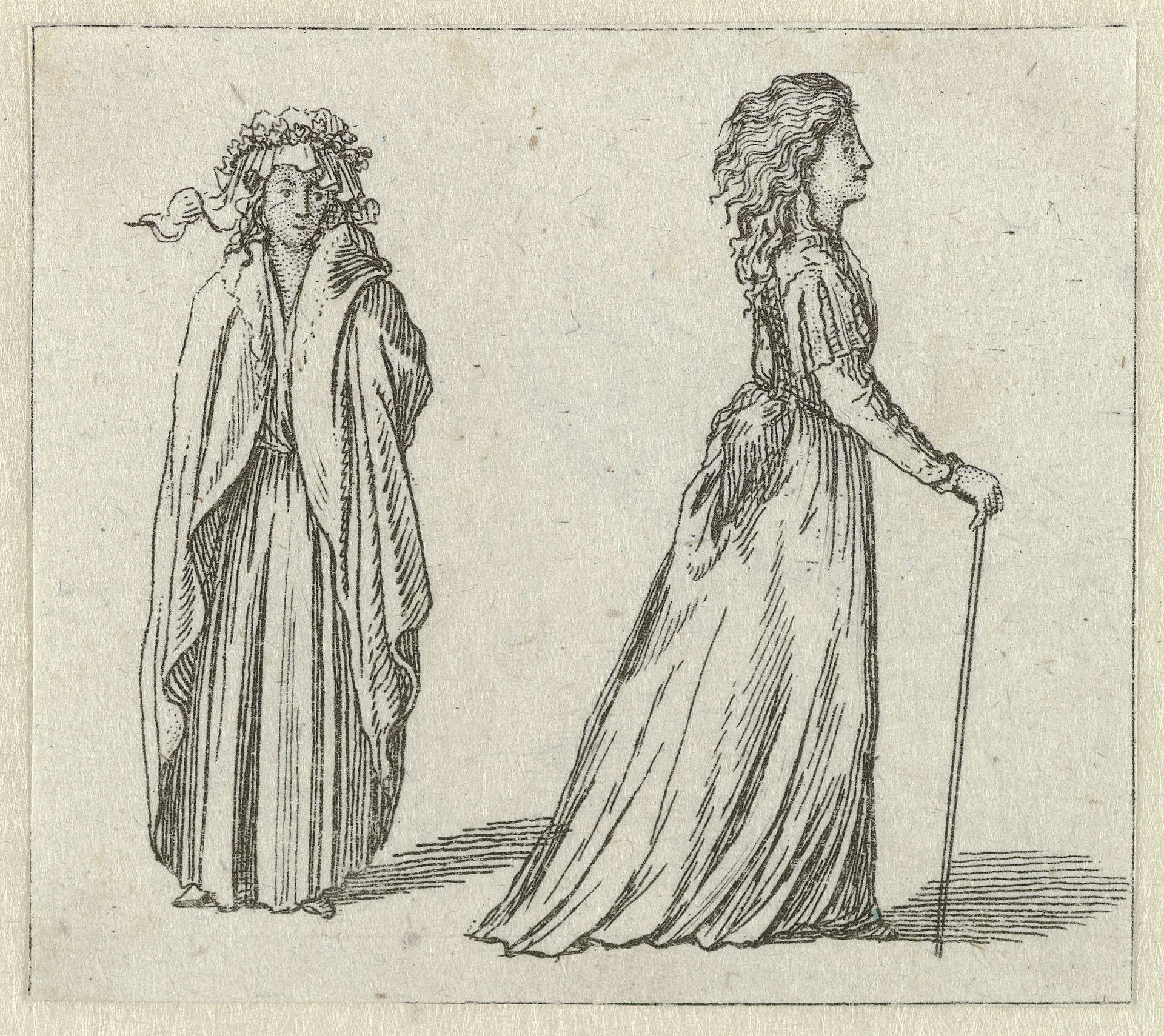 Habillemens de Leipsic. ca. 1785-1786: twee vrouwen met muts en wandelstok by Ernst Ludwig Riepenhausen