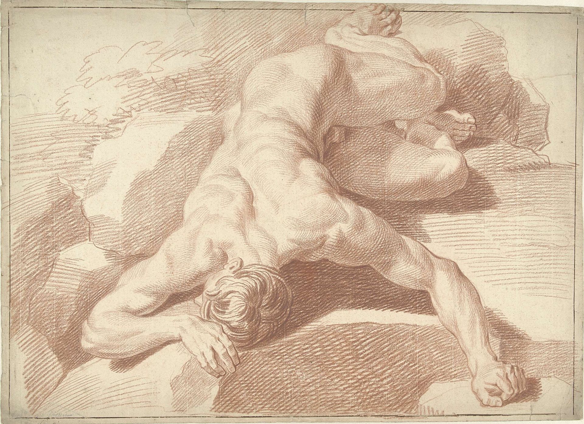 Mannelijk naakt, liggend op de buik, verkort weergegeven by Louis Fabritius Dubourg