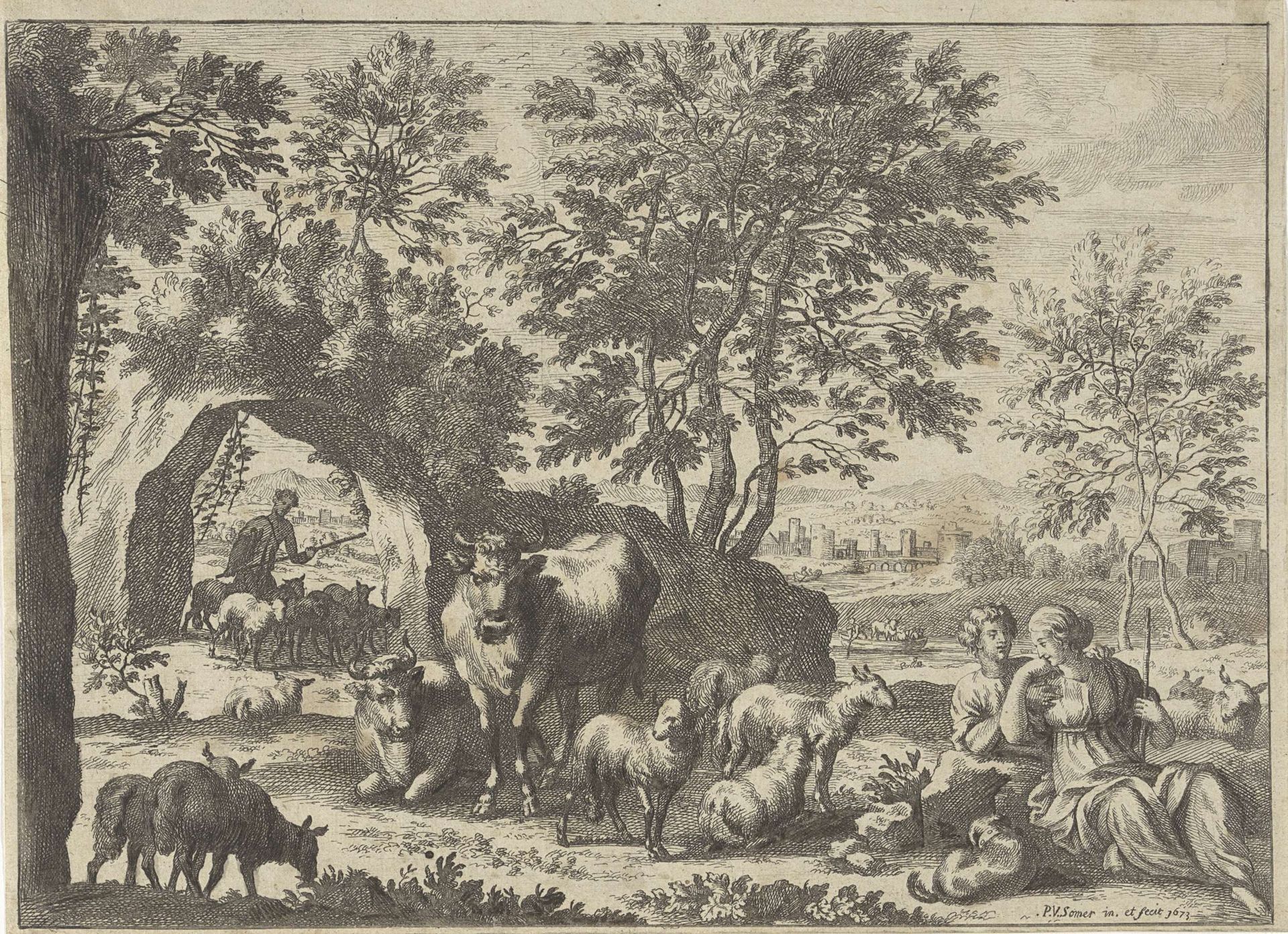 Herder en herderin bij een kudde by Paul van (II) Somer