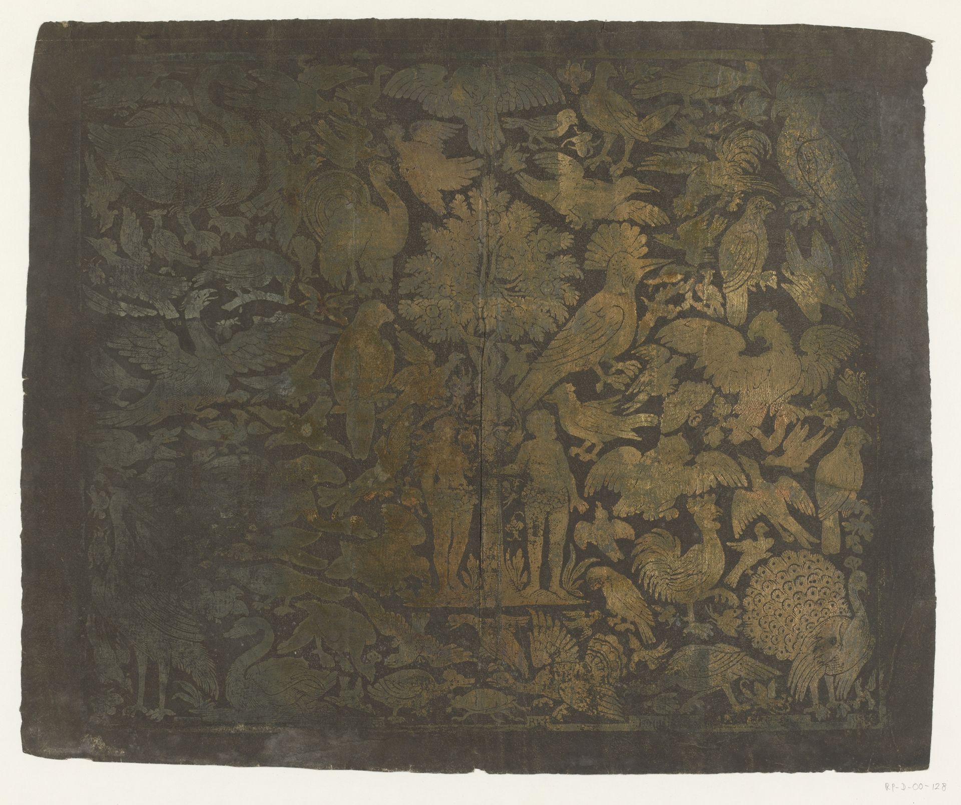 Blad met centraal Adam en Eva onder de appelboom omringd door dieren by Johann Carl Munck